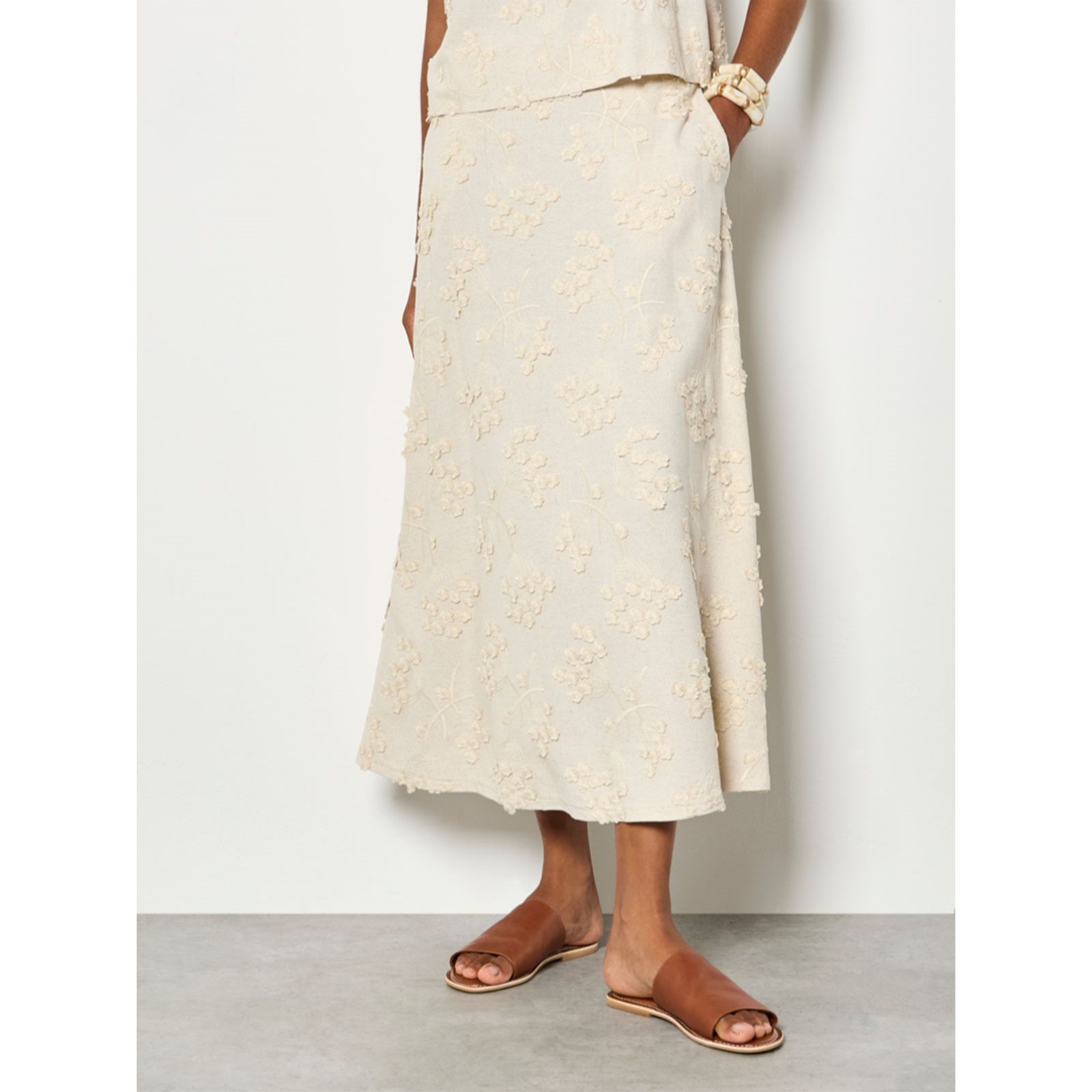 Apricot Dandelion Embroidered Linen Blend Skirt