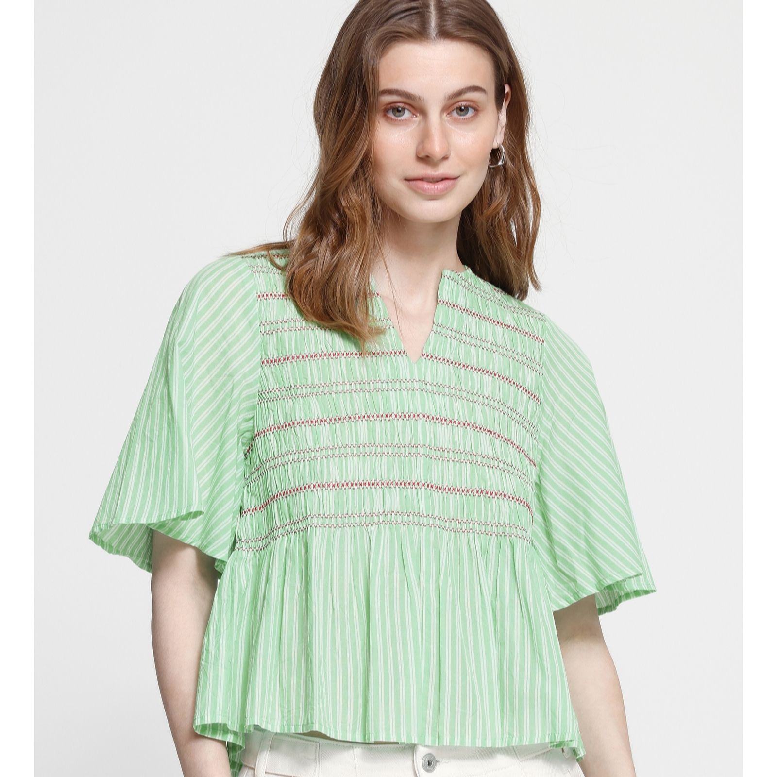 ICHI Locy Elbow Sleeve Shirring Detail Top