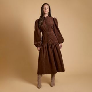 Oasis Cord Button Detail Long Sleeve Midi Dress