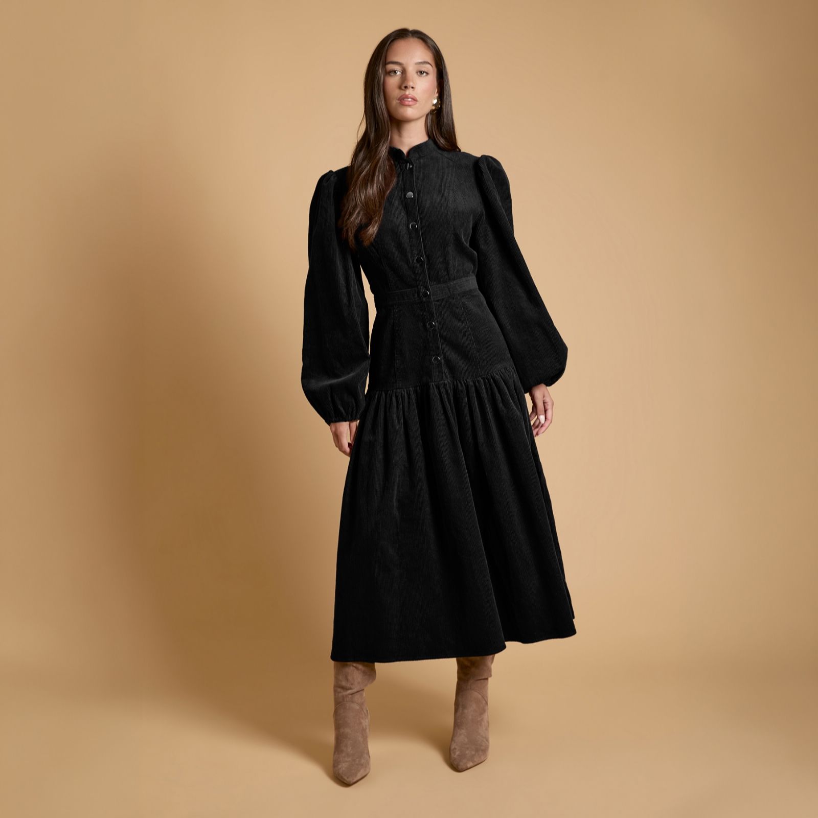 Oasis Cord Button Detail Long Sleeve Midi Dress
