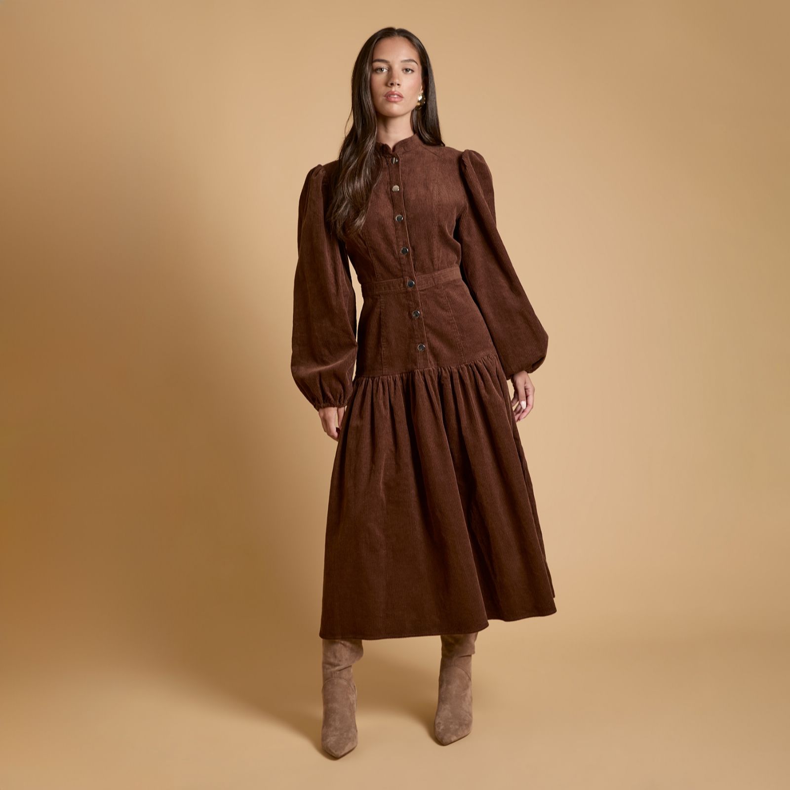 Oasis Cord Button Detail Long Sleeve Midi Dress
