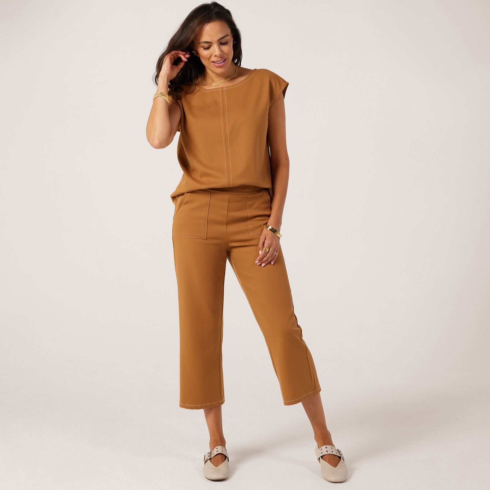 Kim & Co Contrast Stitch Jenna Twill Wide Leg Crop Standard Trousers