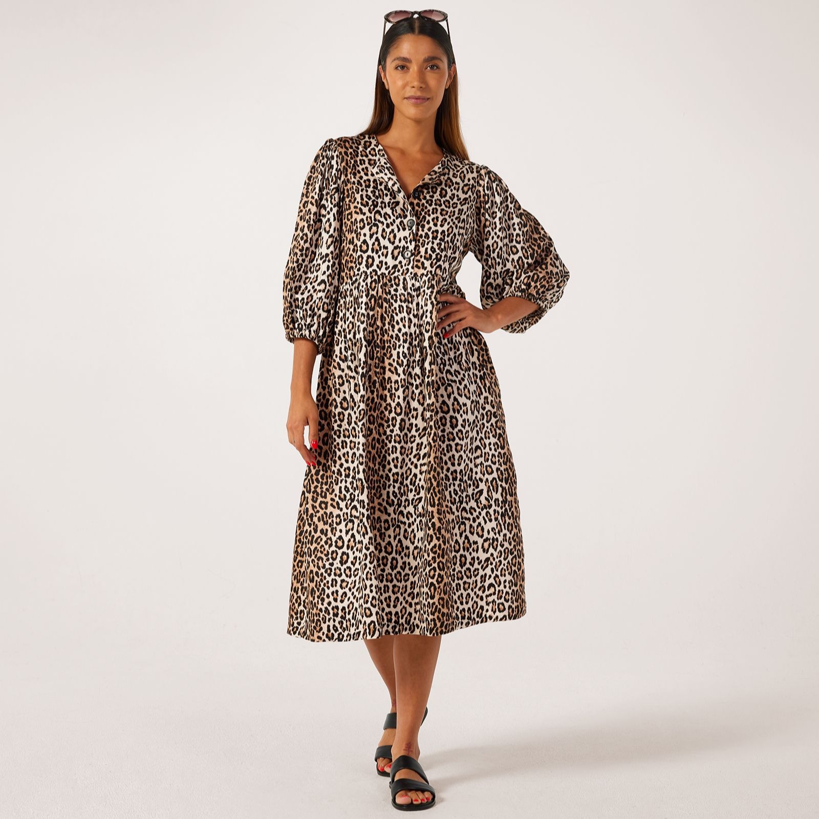 Helene Berman Animal Print Viscose Puff Sleeve Dress