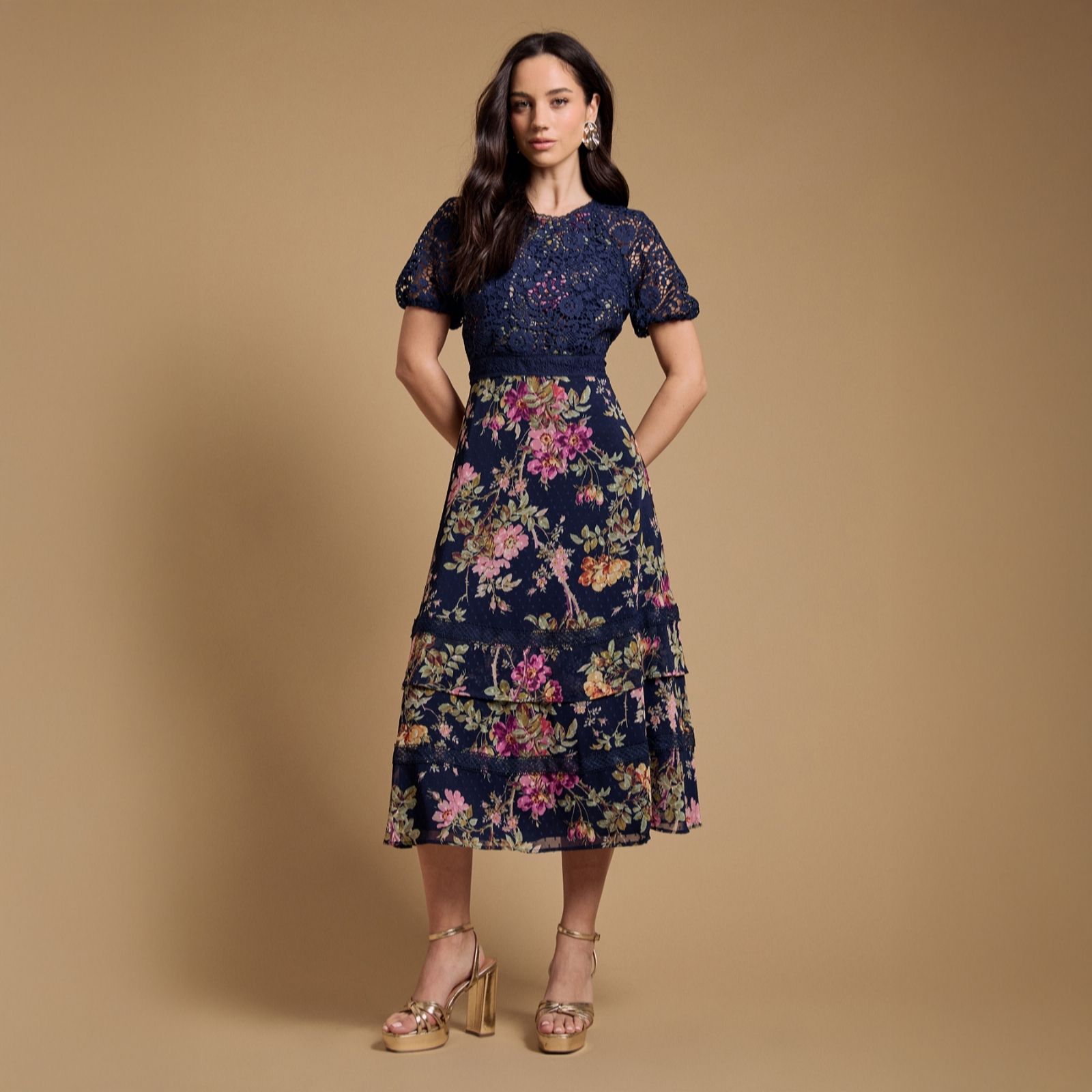 Oasis Occasion Floral Lace Bodice Pleated Midi Dress Petite
