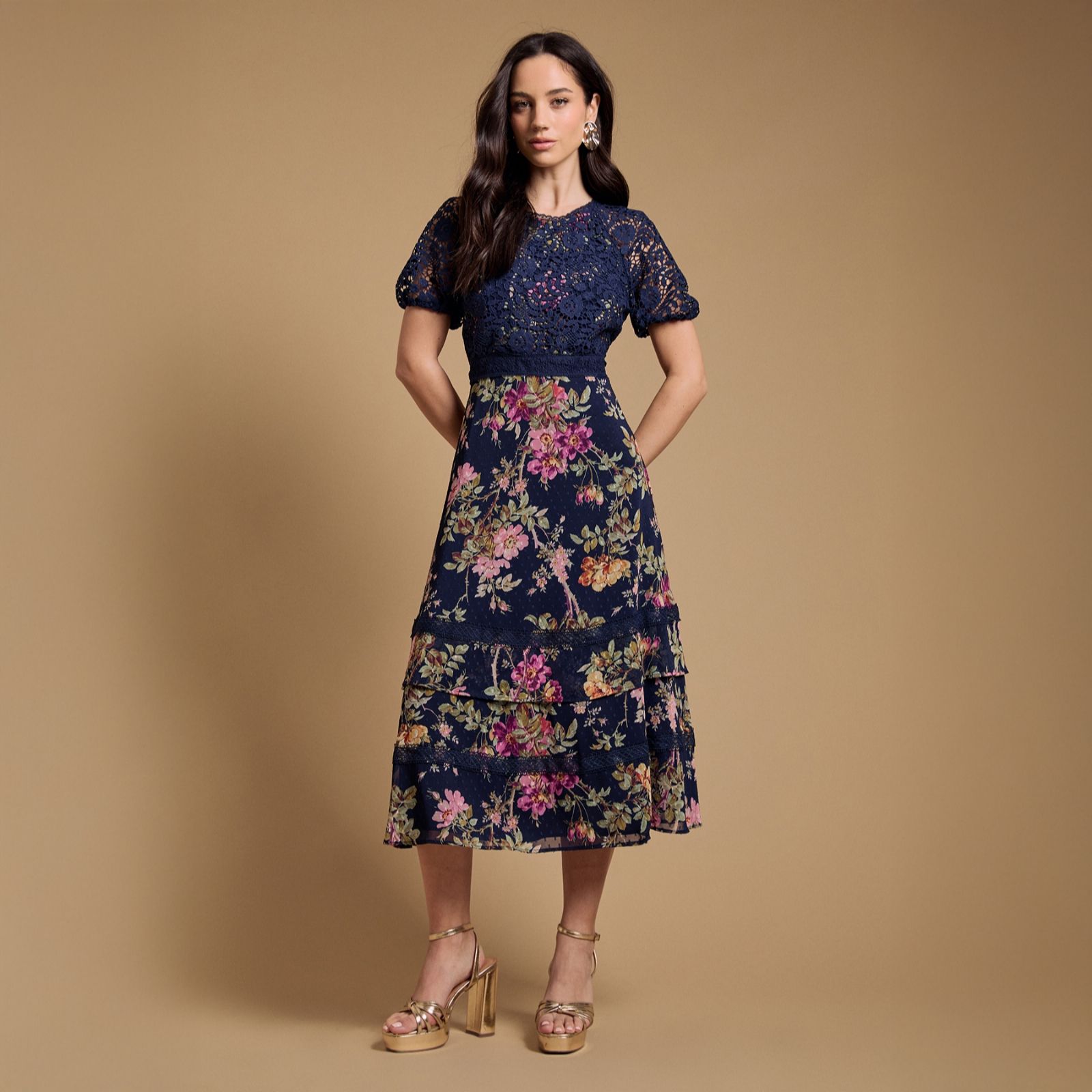 Oasis Occasion Floral Lace Bodice Pleated Midi Dress Petite