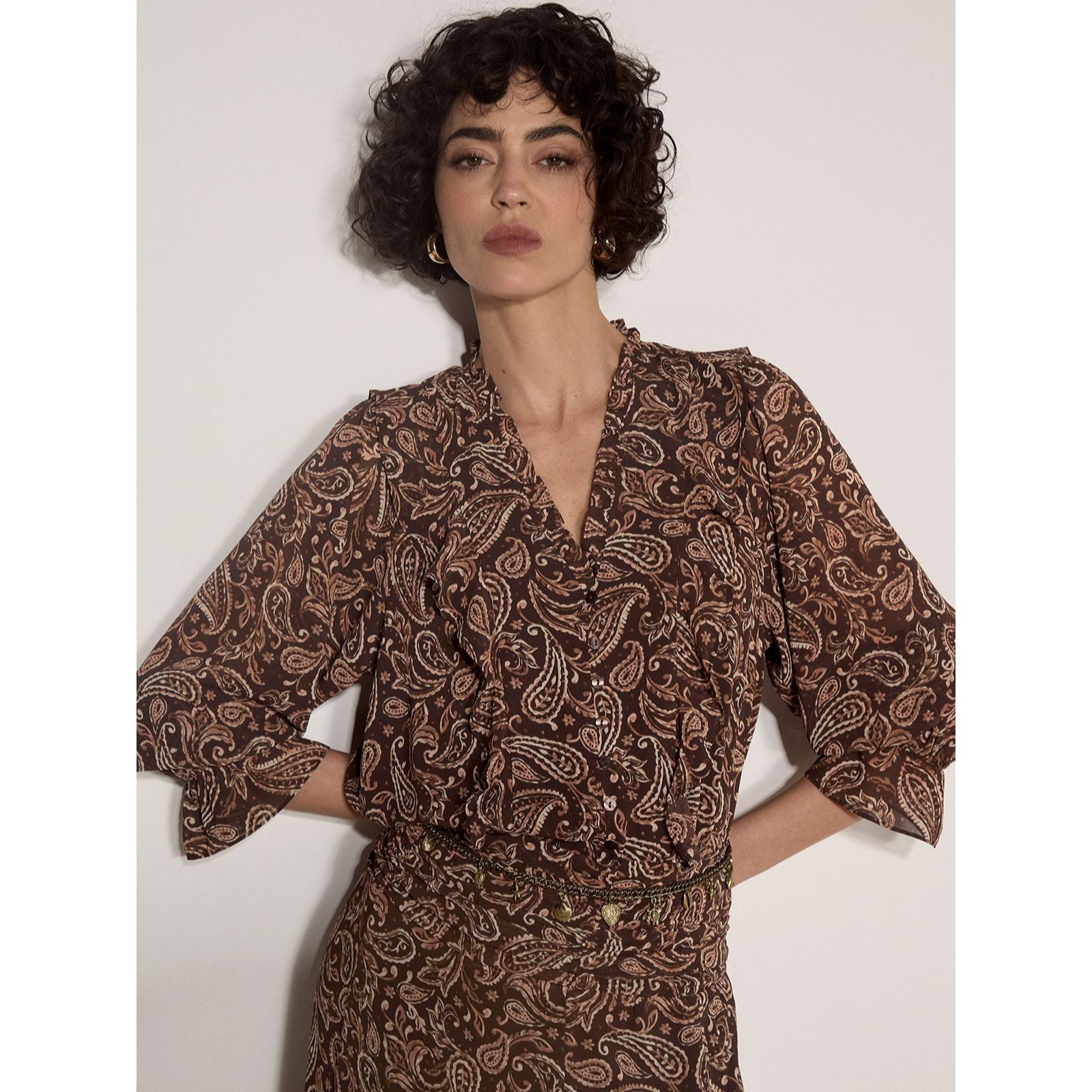 Apricot Painterly Paisley Frill Blouse