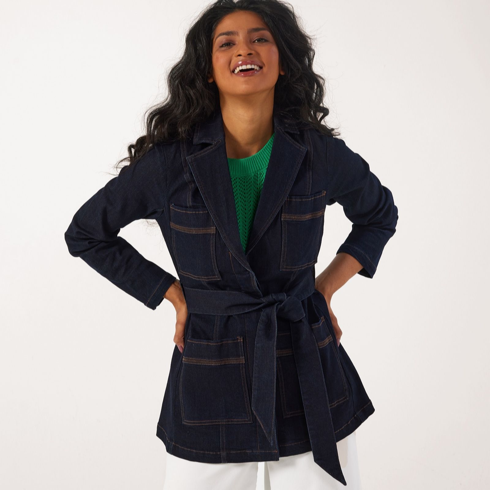 WynneDenim Pocket Blazer with Belt & Zigzag Stitch