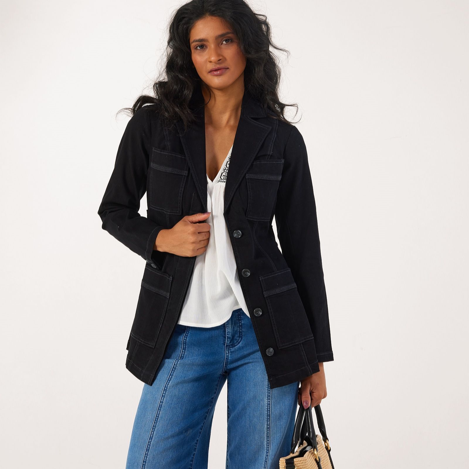 WynneDenim Pocket Blazer with Belt & Zigzag Stitch