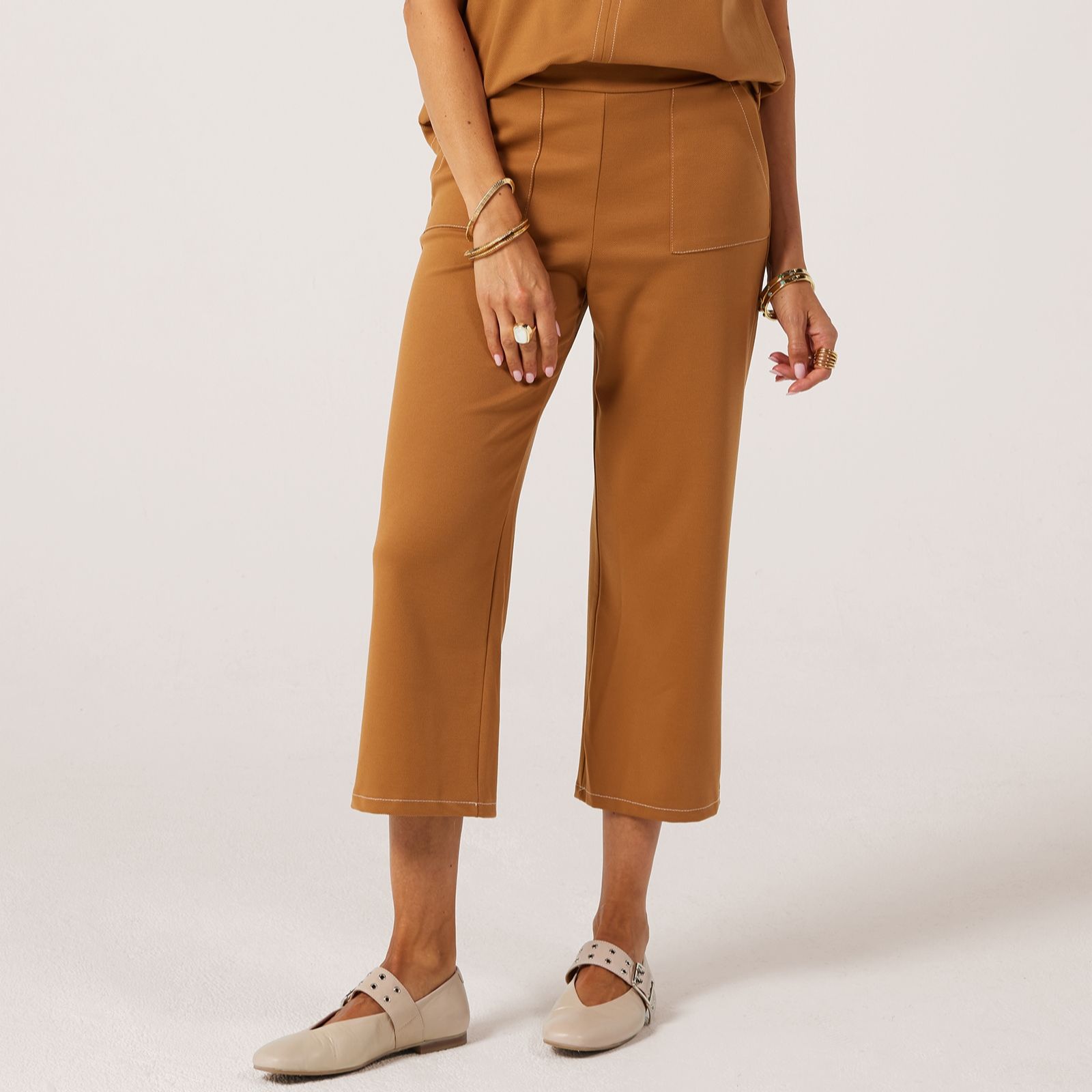 Kim & Co Contrast Stitch Jenna Twill Wide Leg Crop Petite Trousers