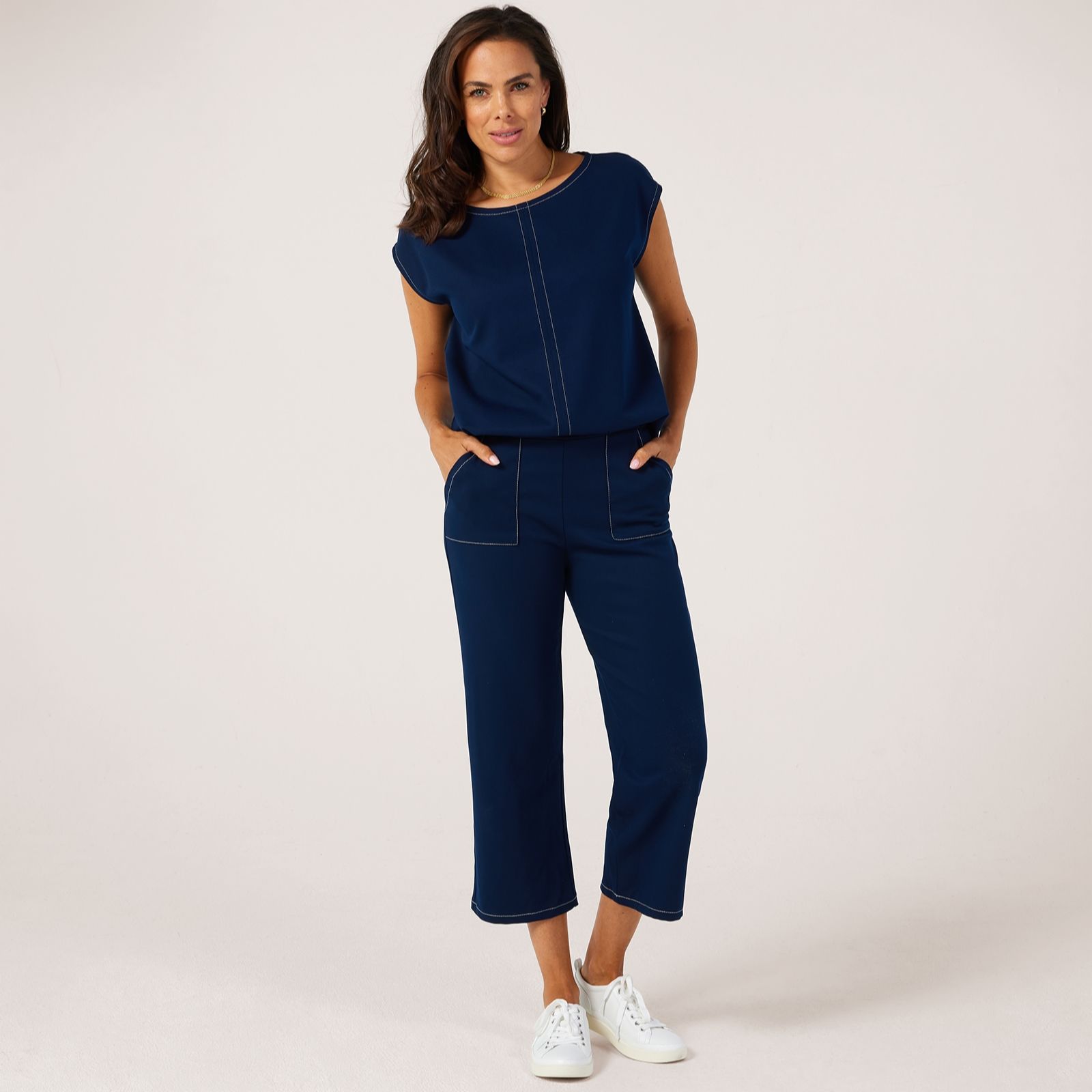 Kim & Co Contrast Stitch Jenna Twill Wide Leg Crop Petite Trousers