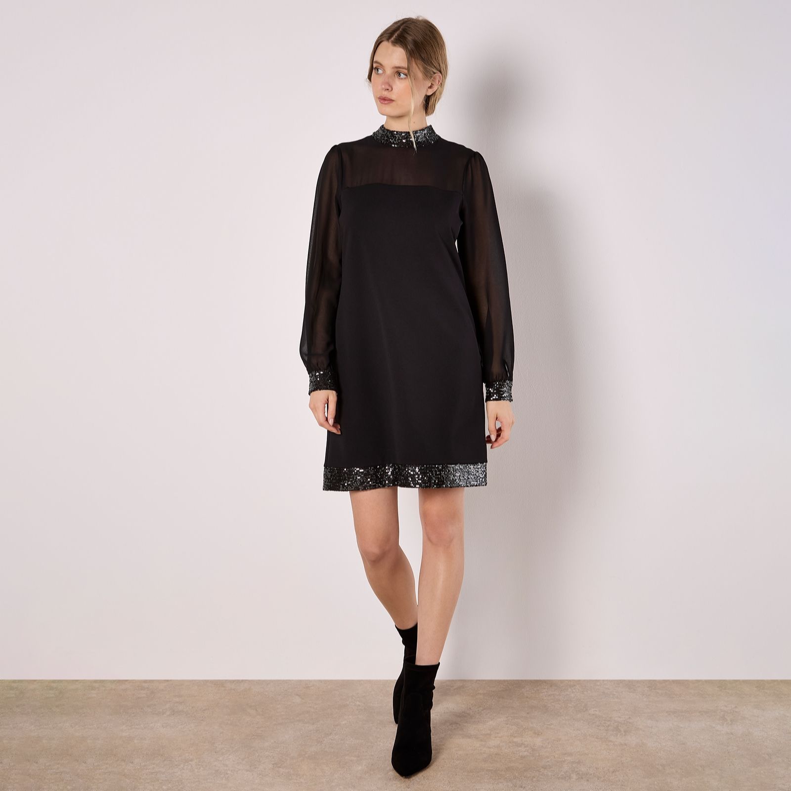 Apricot Sequin High Neck Trim L/Slv Dres