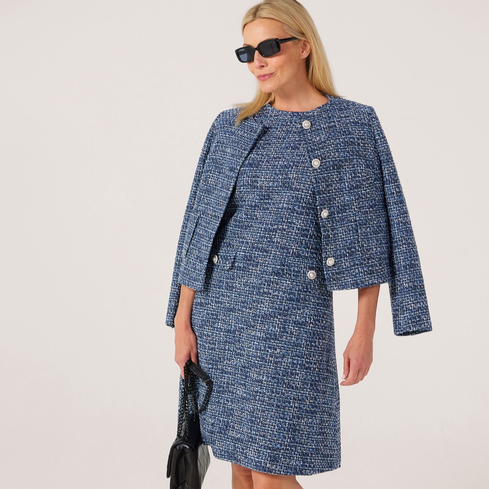 Helene Berman Sparkle Tweed Dress with Pearl Buttons