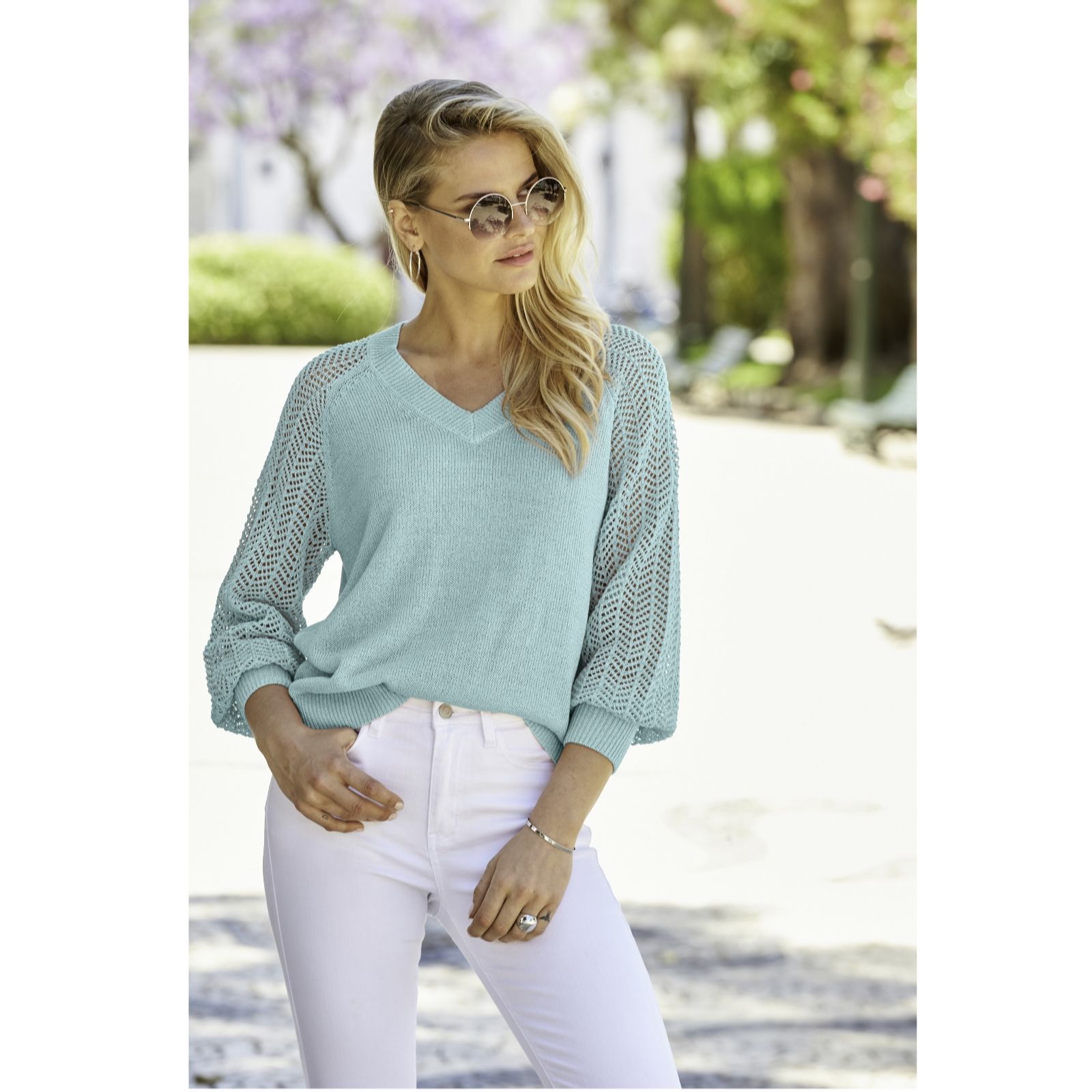 Sosandar Pointelle Sleeve V-Neck Jumper