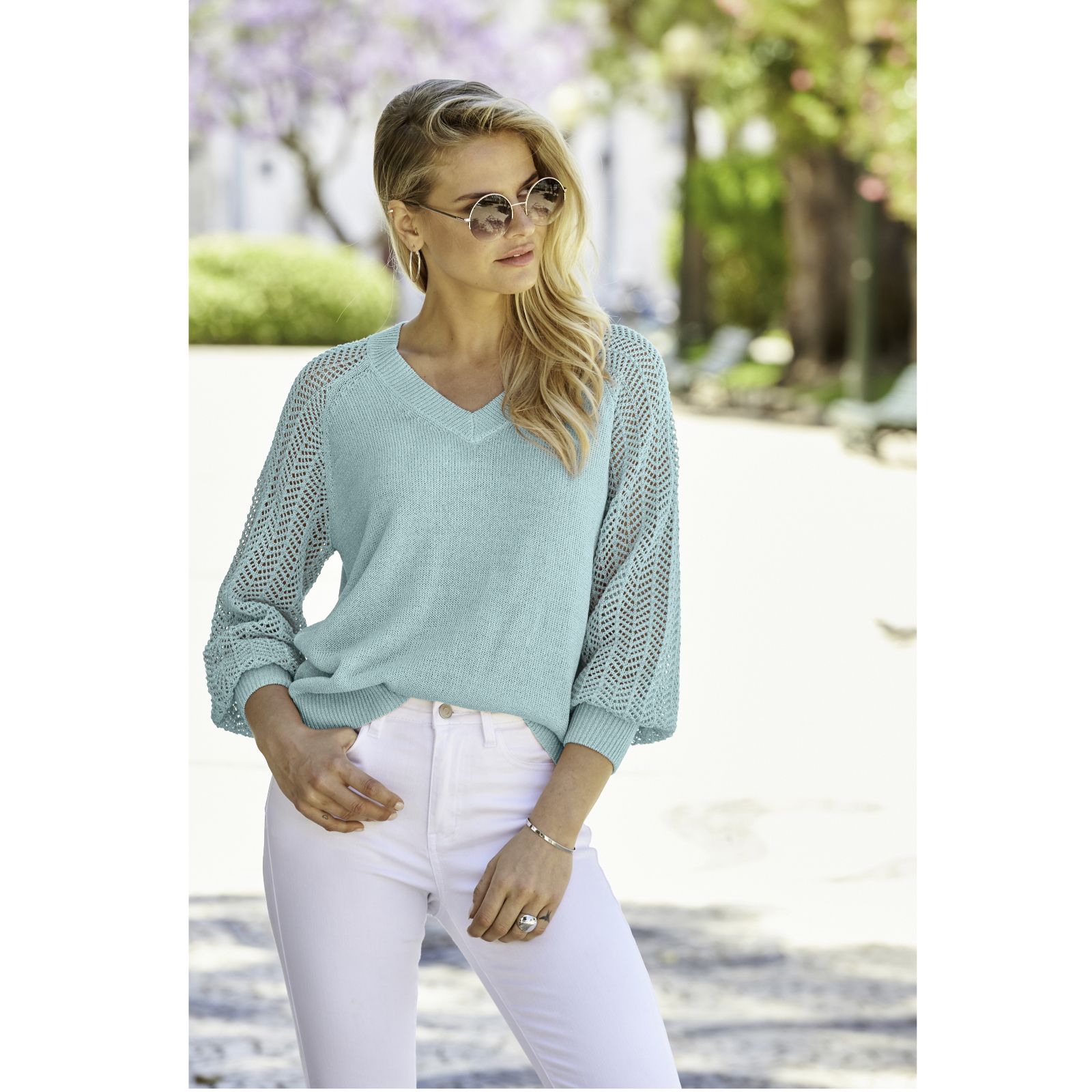 Sosandar Pointelle Sleeve V-Neck Jumper