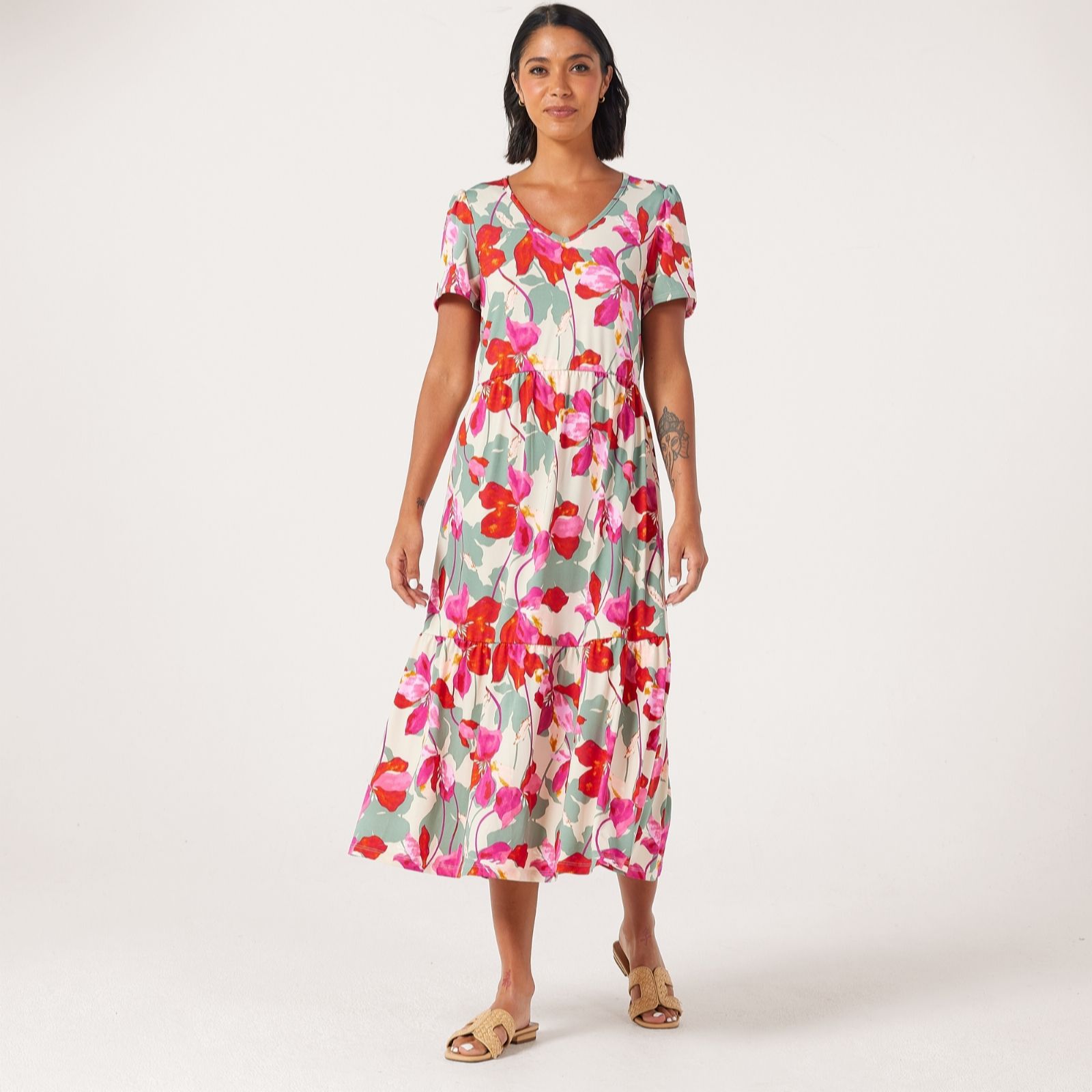 Kim & Co Printed Brazil Jersey Cap Sleeve Frilled Midi Dress