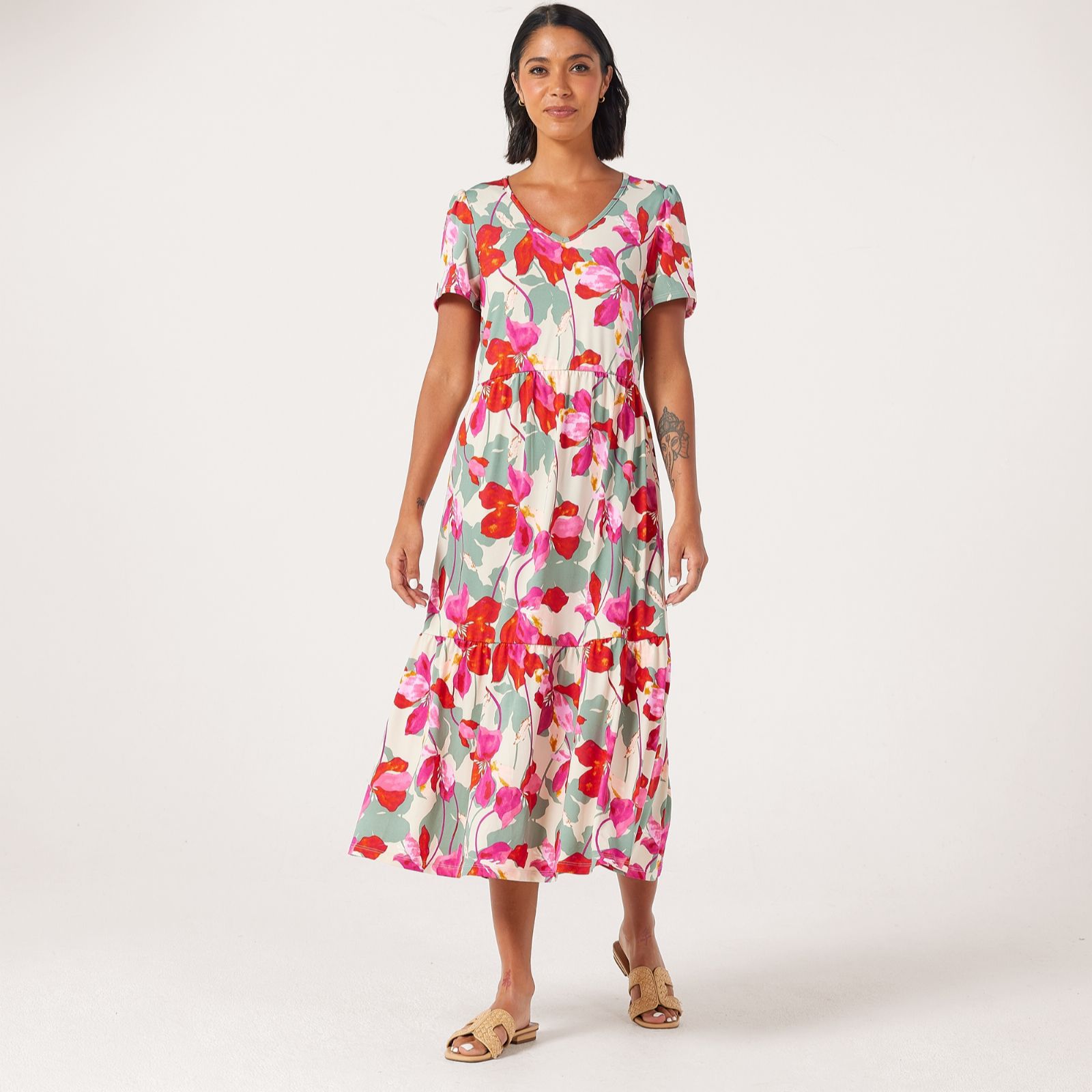 Kim & Co Printed Brazil Jersey Cap Sleeve Frilled Midi Dress