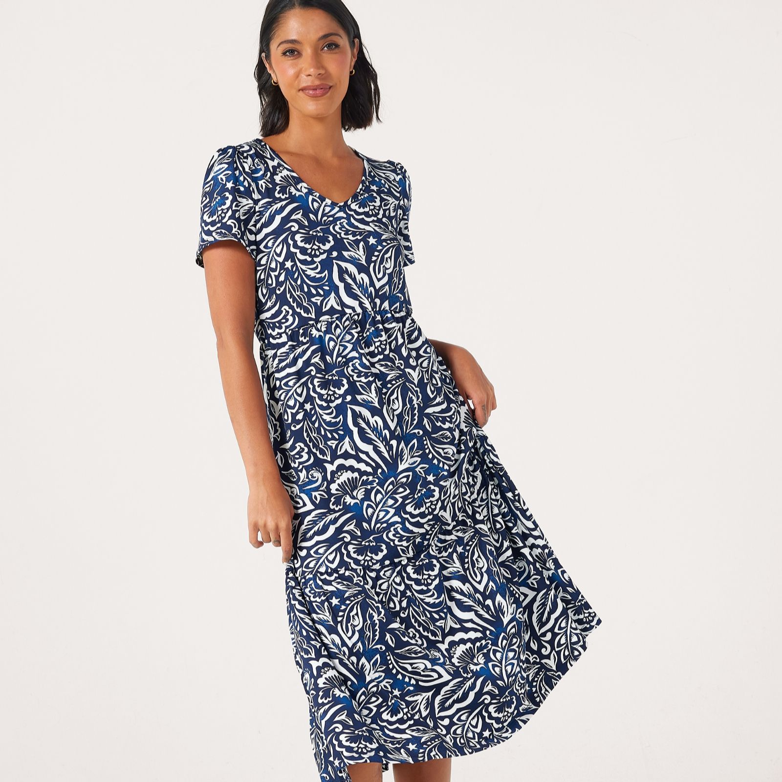 Kim & Co Printed Brazil Jersey Cap Sleeve Frilled Midi Dress