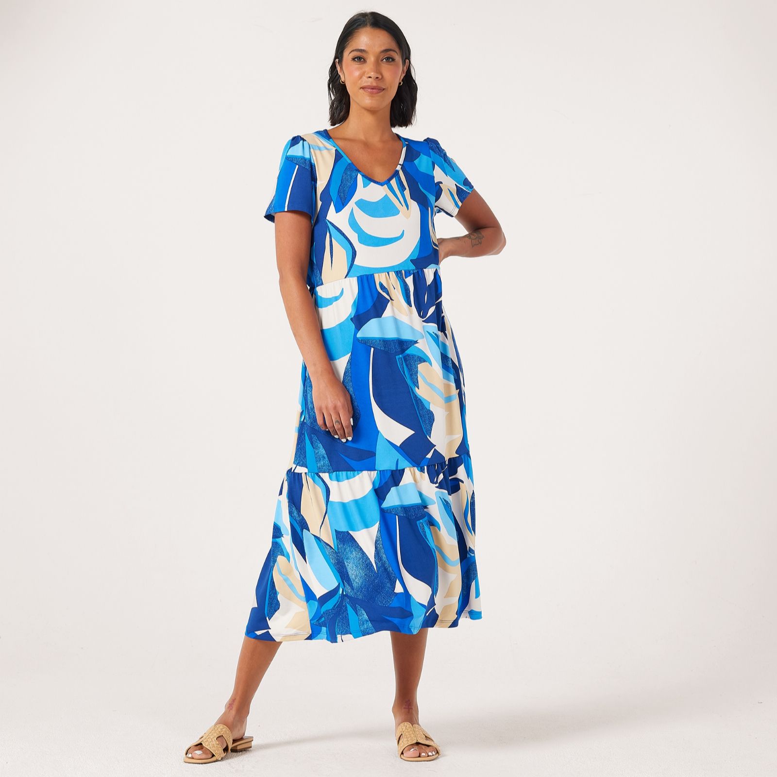 Kim & Co Printed Brazil Jersey Cap Sleeve Frilled Midi Dress