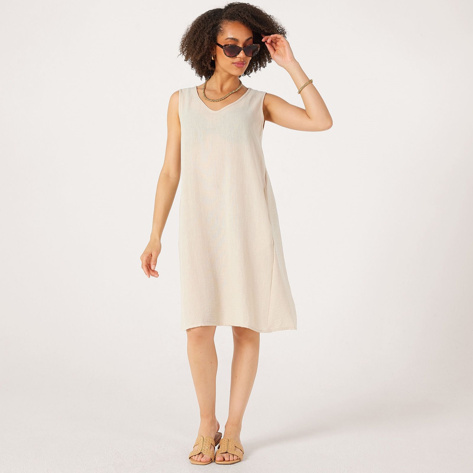 Kim & Co Linen Feel Sleeveless A-Line Dress with Pockets
