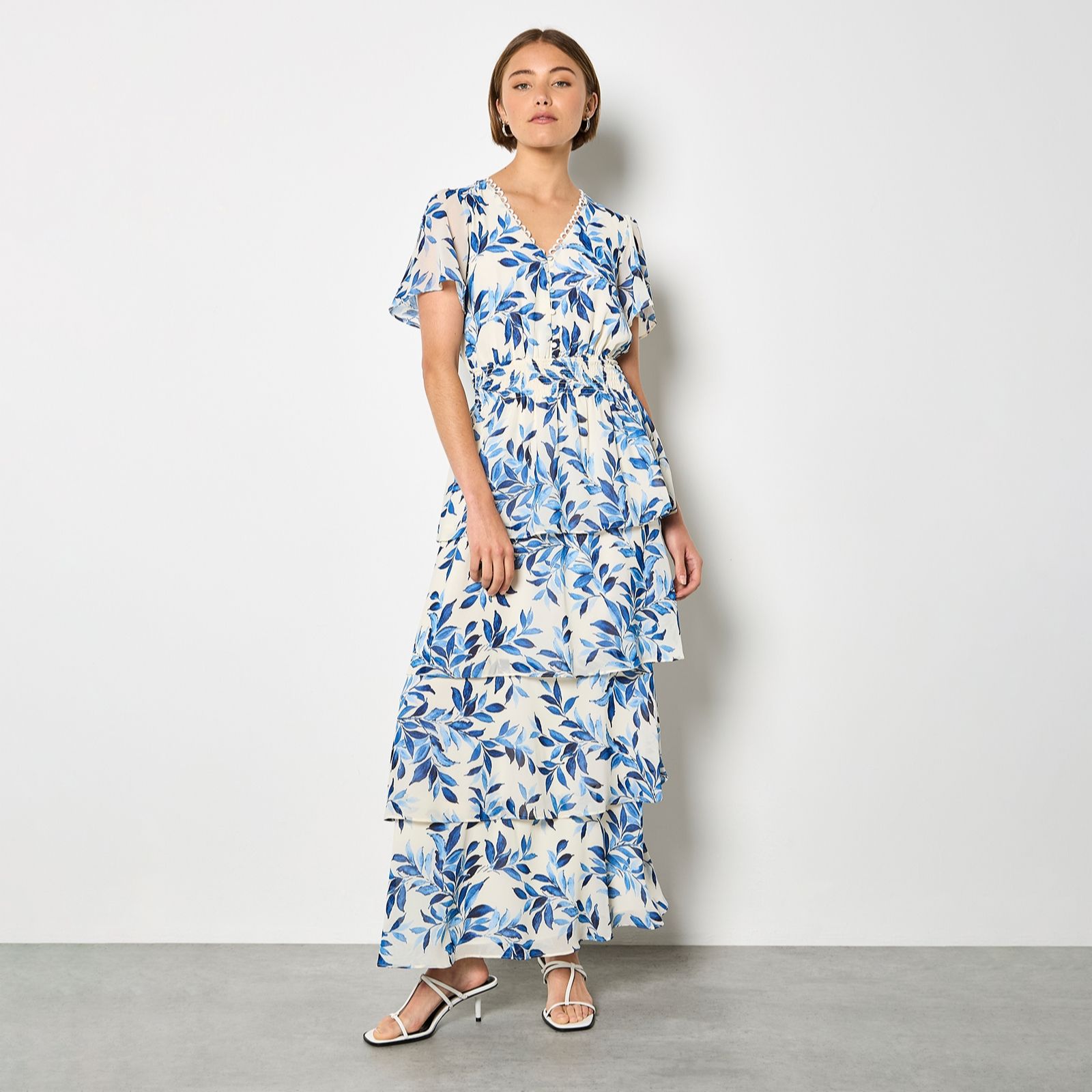 Apricot Tiered Leaf Print Midi Dress