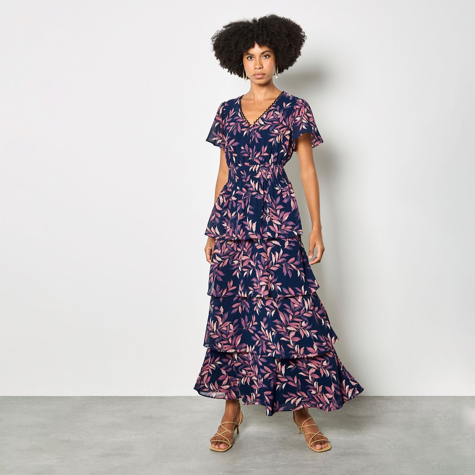 Apricot Tiered Leaf Print Midi Dress