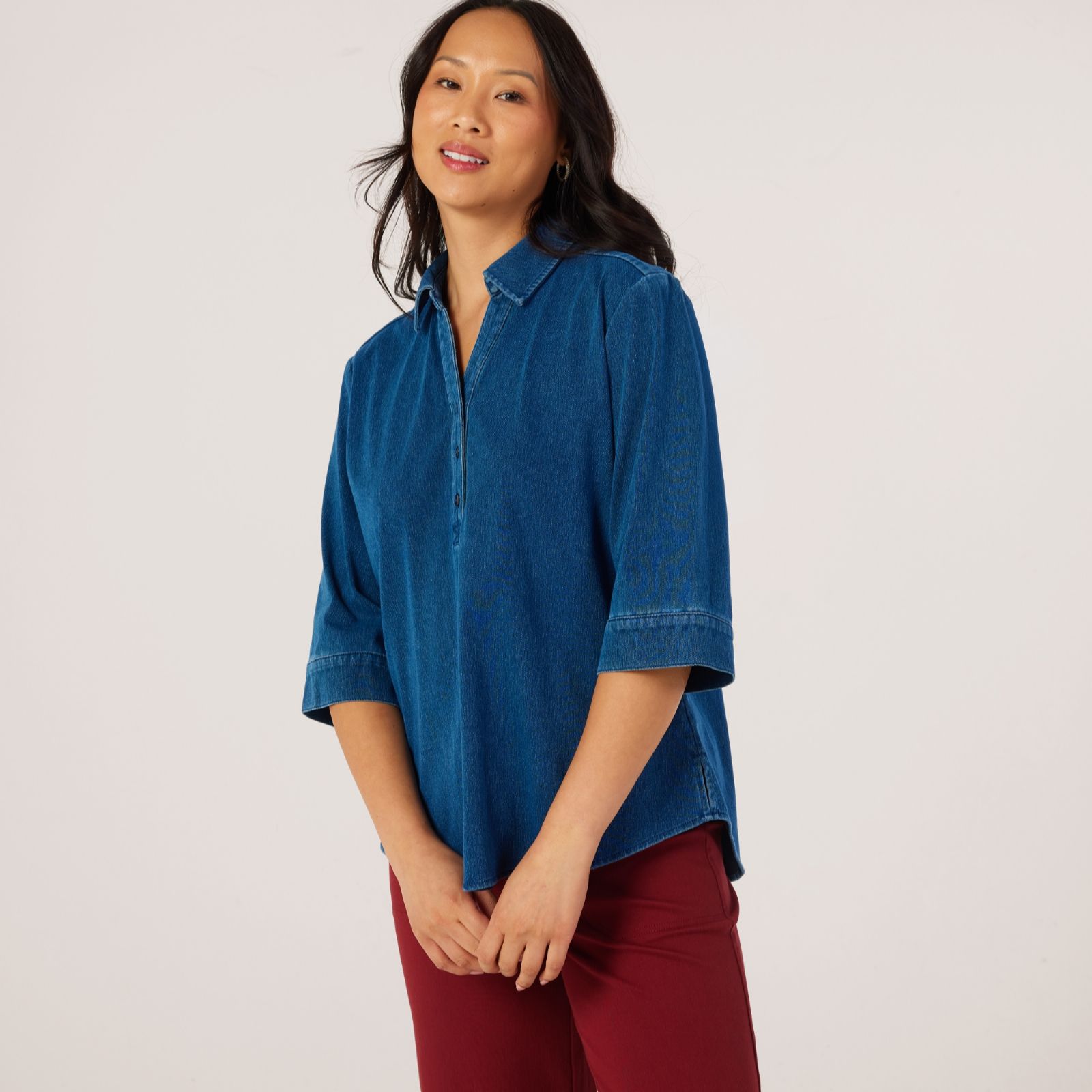 Denim & Co. Comfy Knit Denim Polo Top