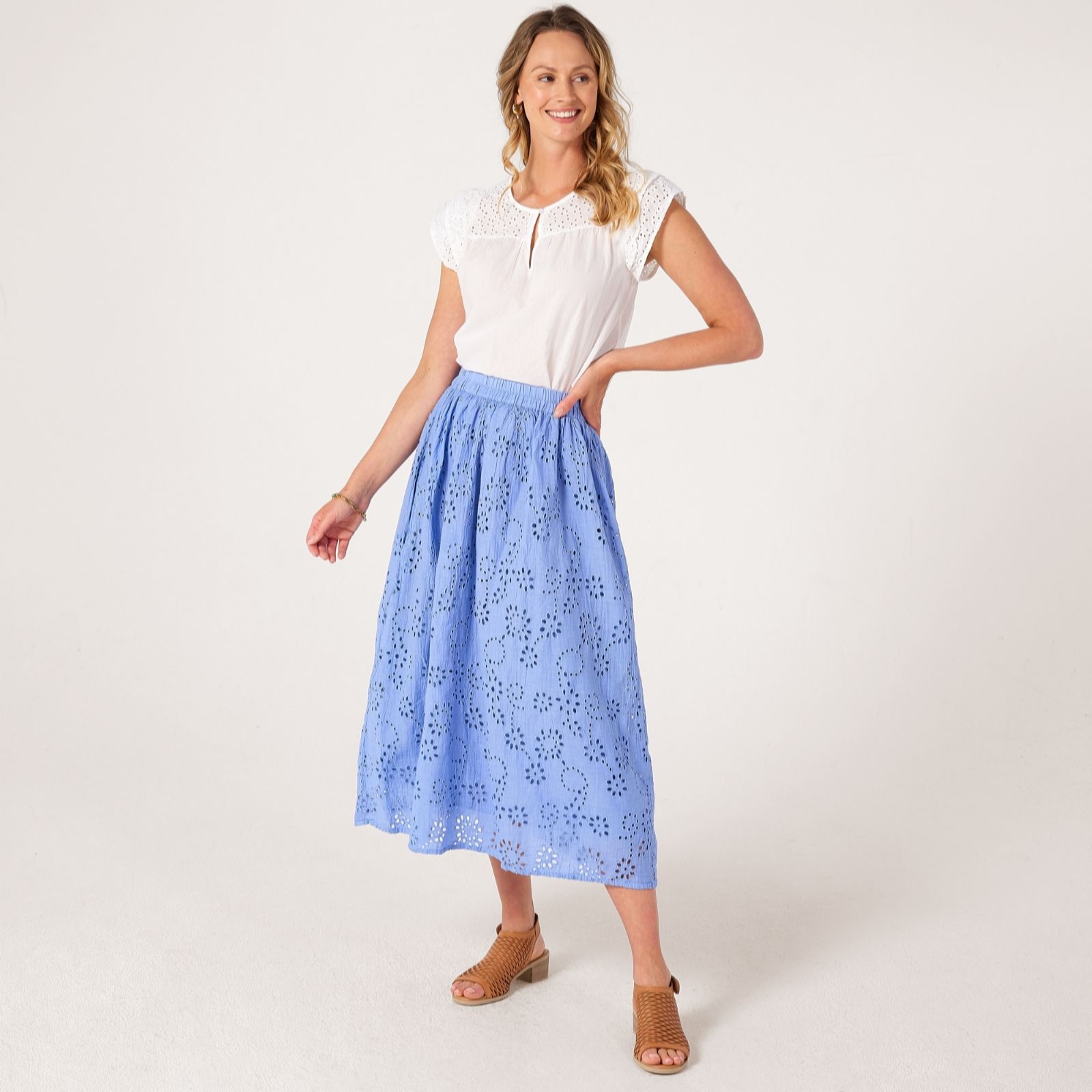 Handprint Dream Azure Broderie Anglais Midi Skirt