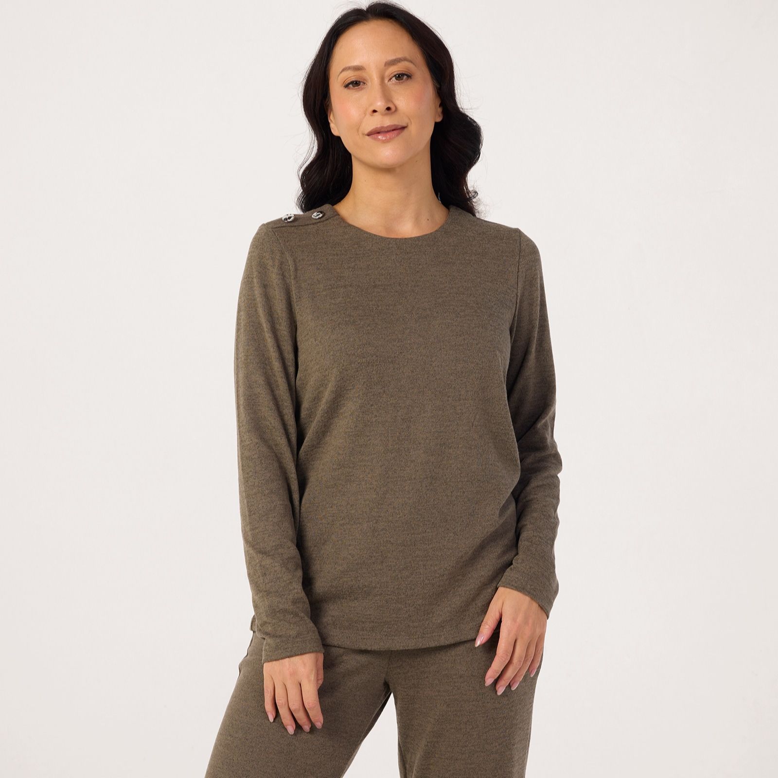 Denim & Co Round Neck Long Sleeve Top With Button Trim