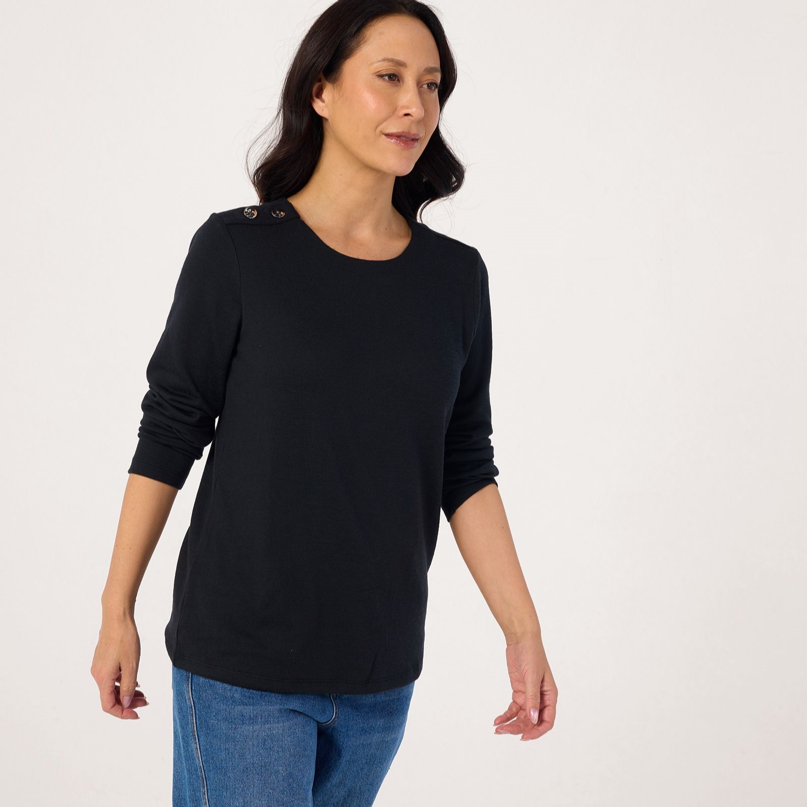 Denim & Co Round Neck Long Sleeve Top With Button Trim