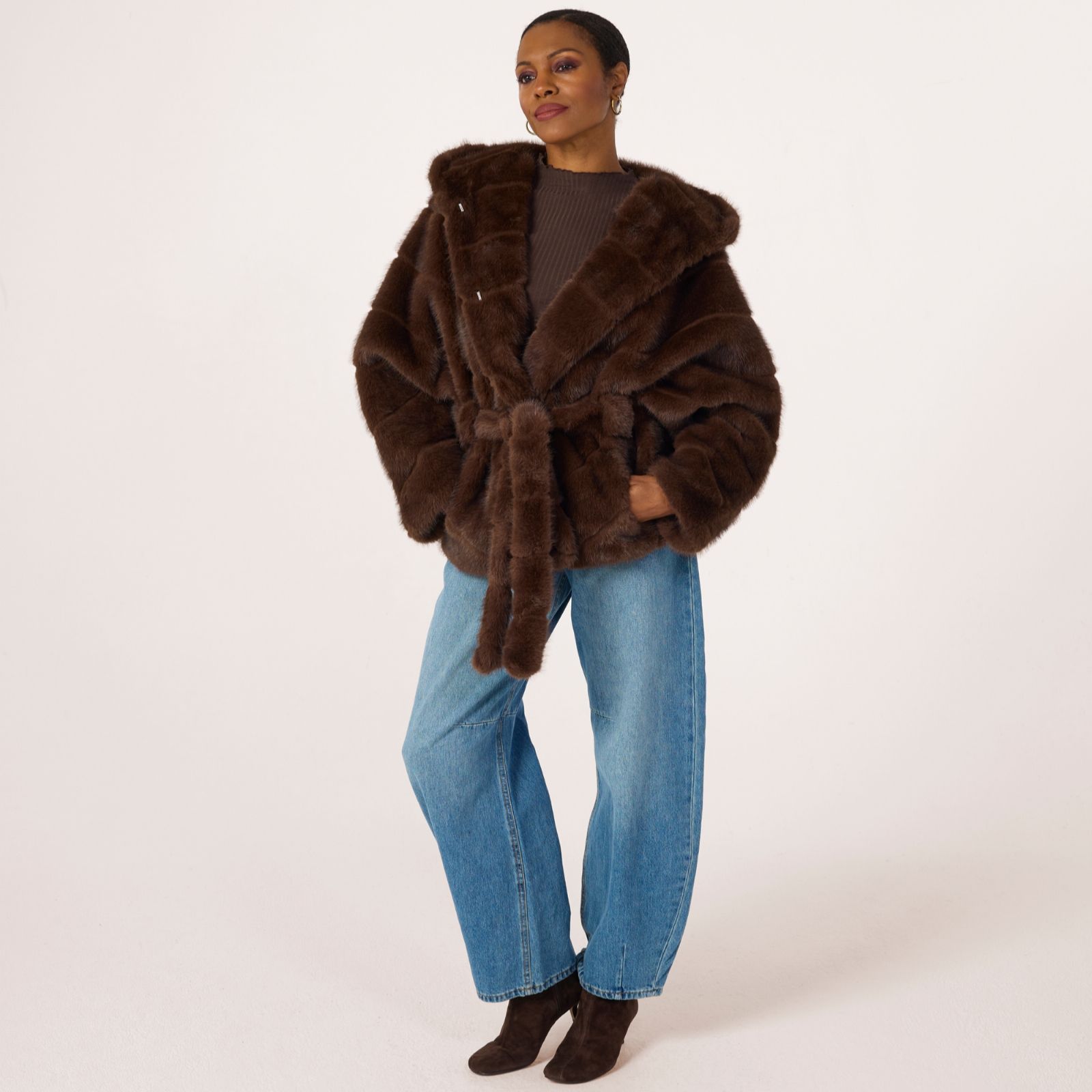 Malissa J Faux Fur Hooded Jacket with Belt