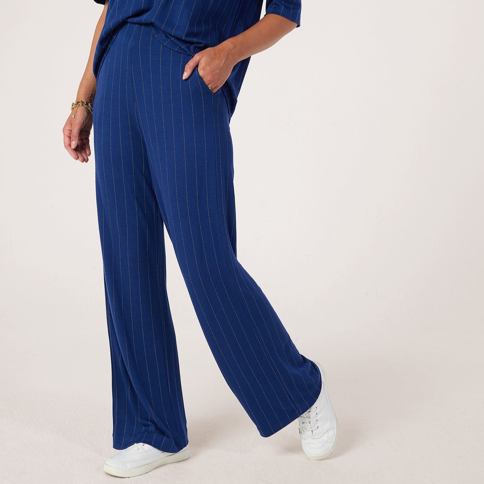 Masai Copenhagen Vicose Jersey Jacquard Navy Pinstripe Stretch Trouser