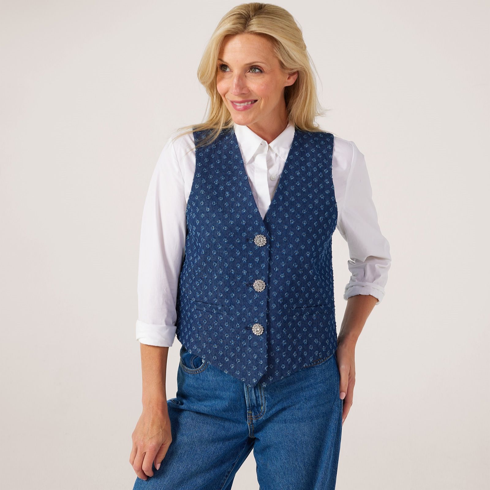 Helene Berman Denim Detailed Embroidered Waistcoat