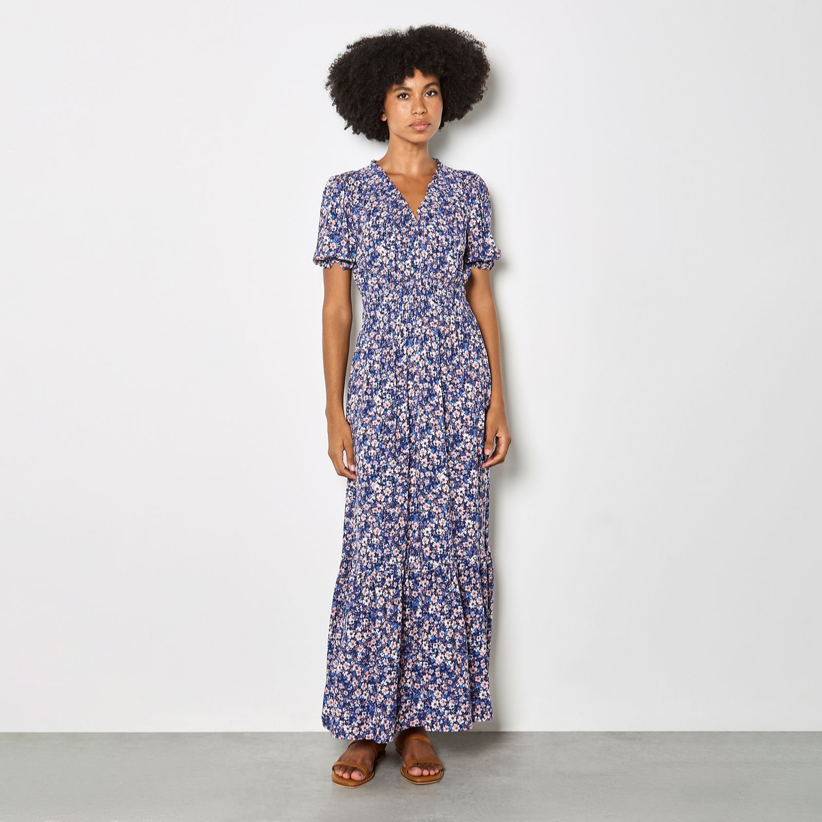 Apricot Smock V-Neck Floral Midi Dress