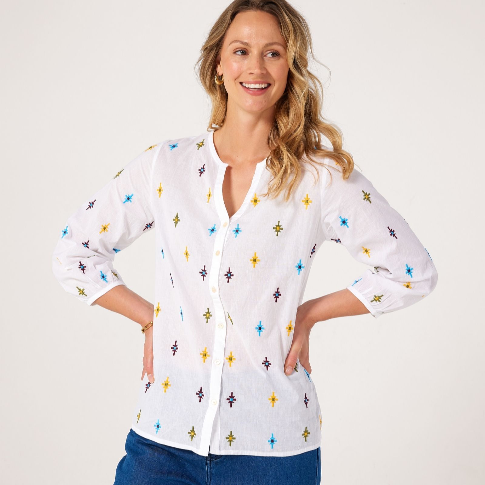 Handprint Dream Embroidery Detail Iris Top