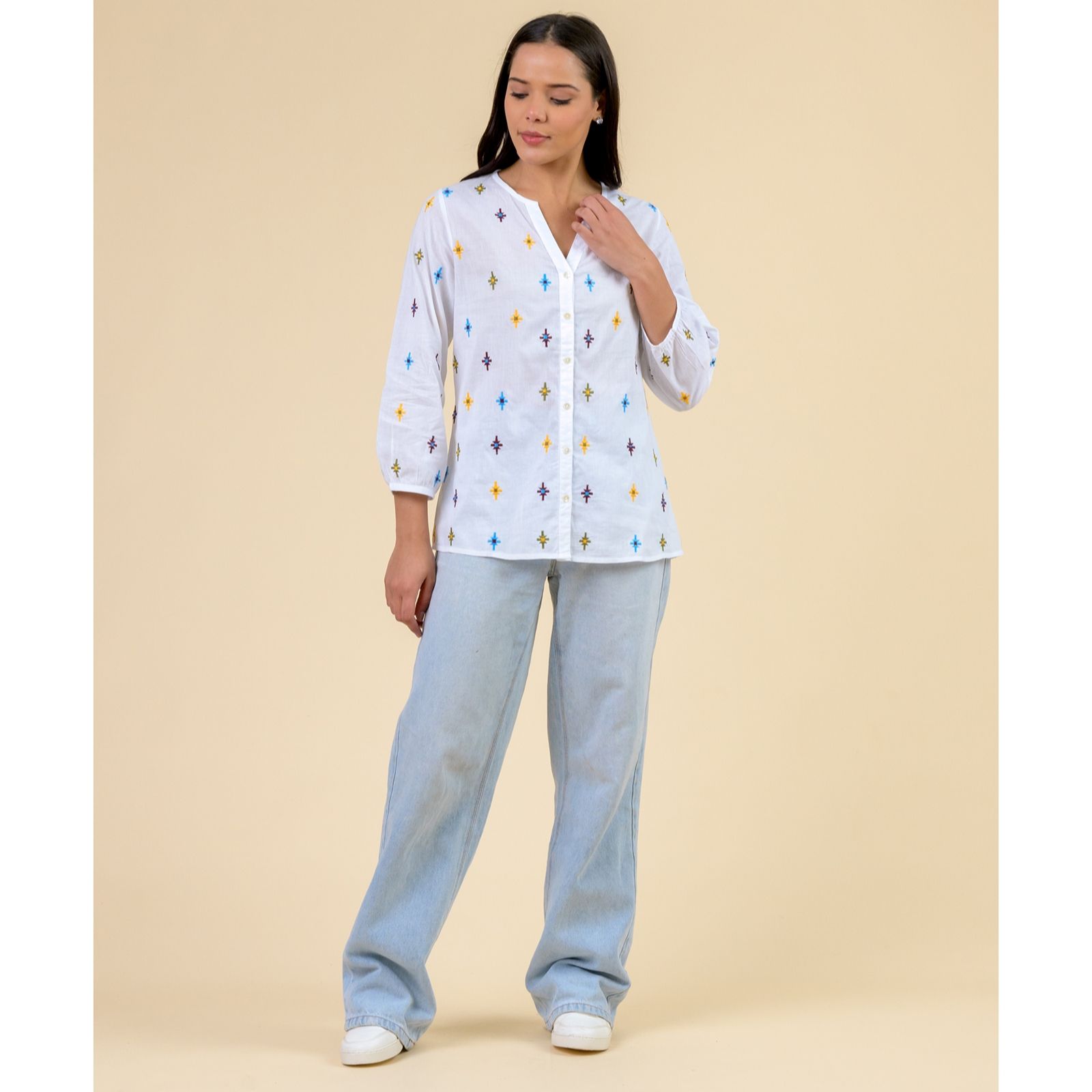 Handprint Dream Embroidery Detail Iris Top