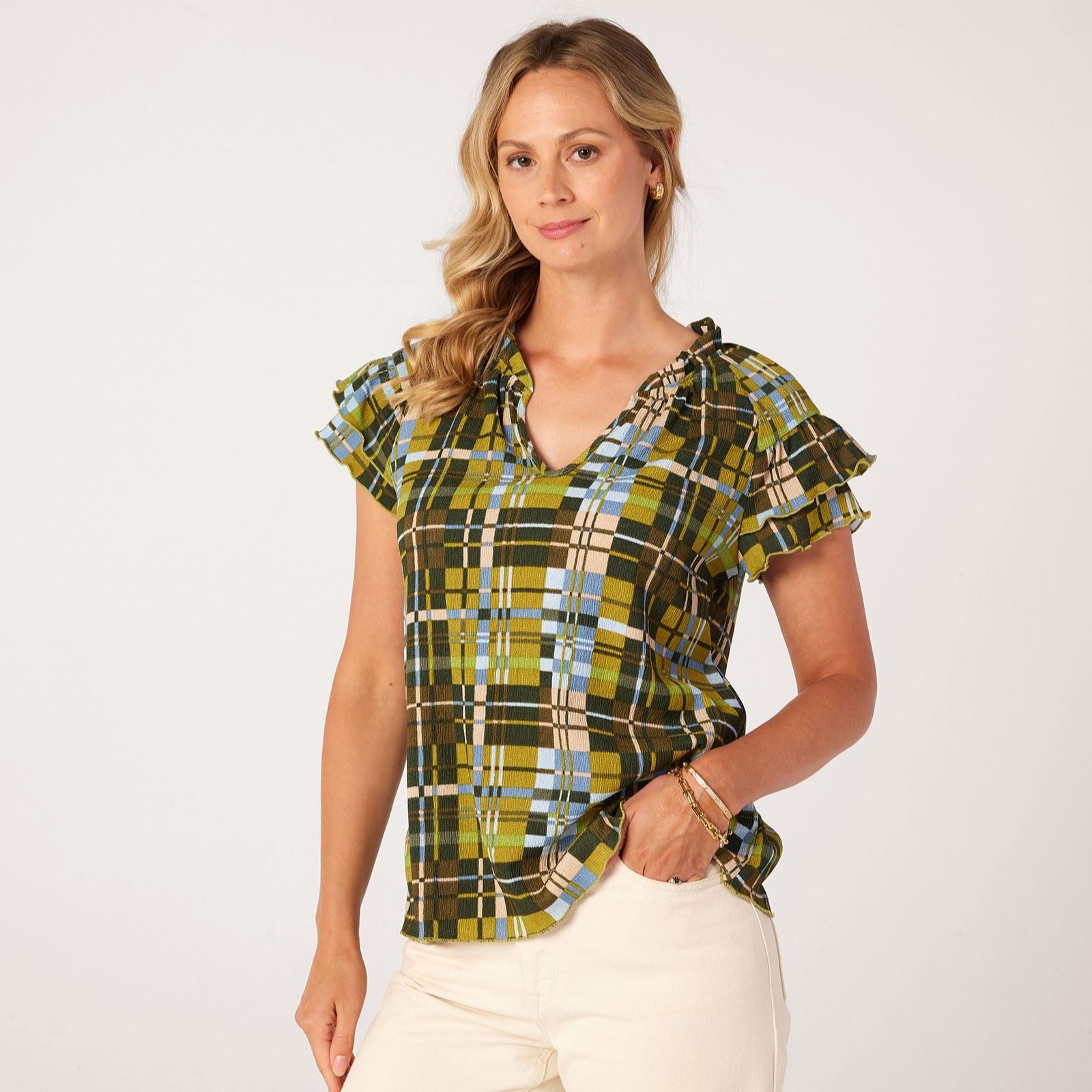 Kim & Co Plaid Stretch Crinkle Short Sleeve Frilled Neckline Top