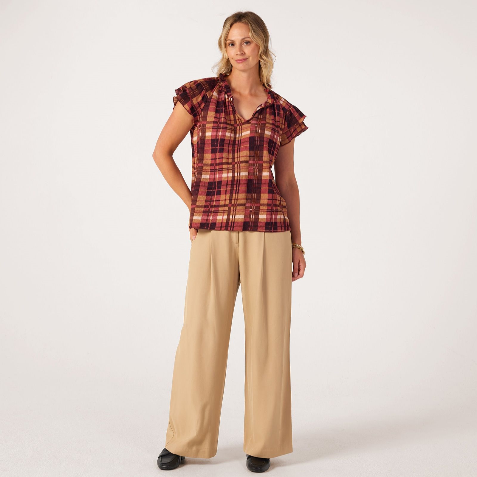 Kim & Co Plaid Stretch Crinkle Short Sleeve Frilled Neckline Top