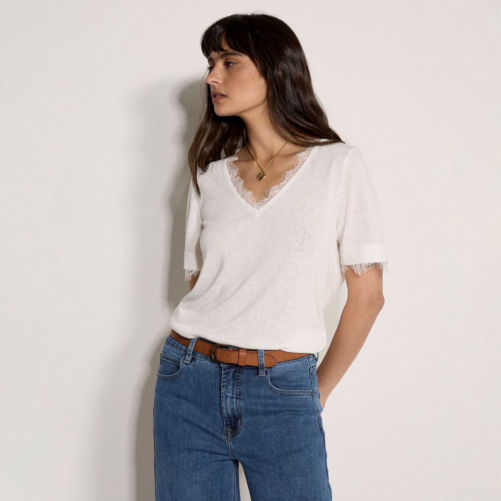 Apricot Slub Eyelash Lace Detail Tee