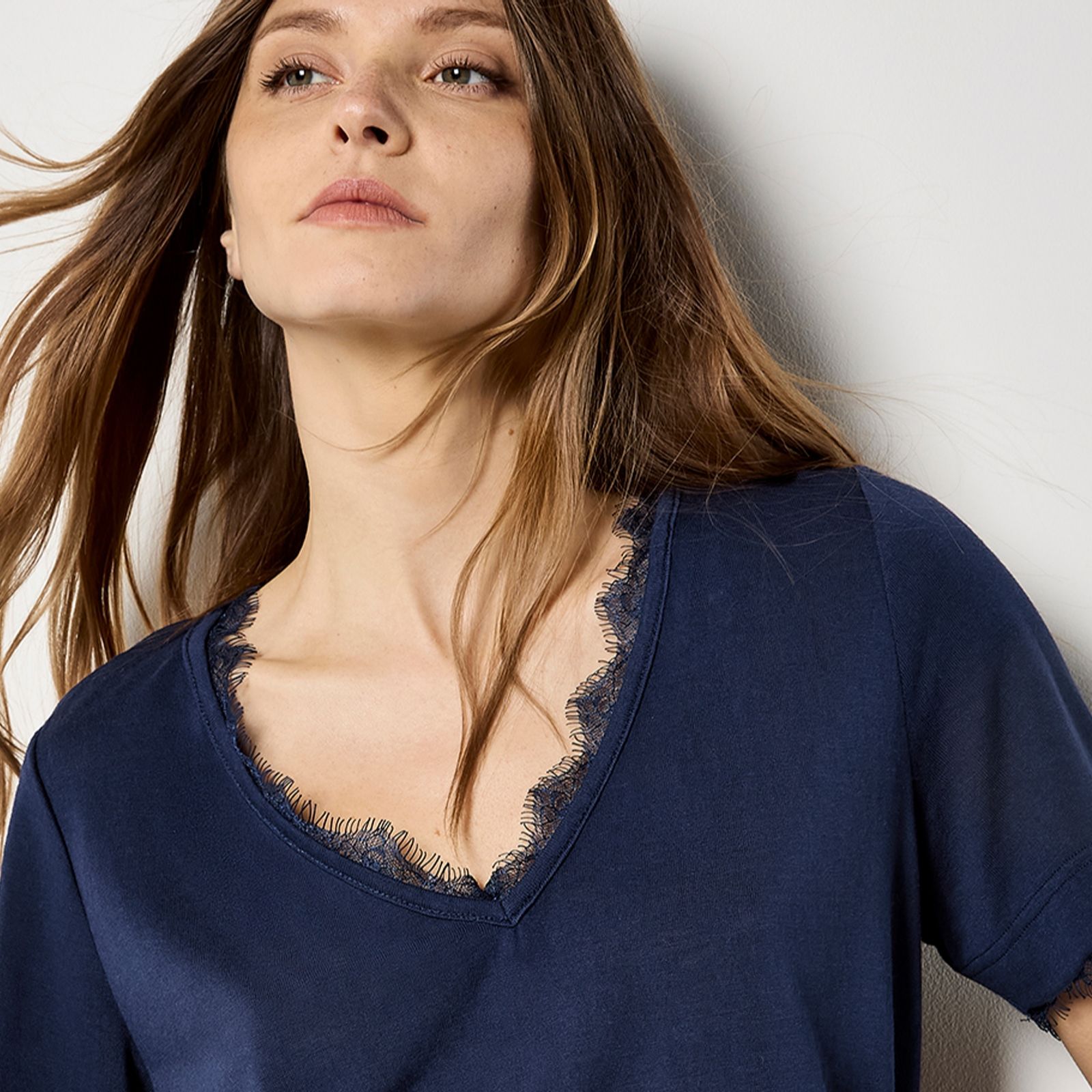 Apricot Slub Eyelash Lace Detail Tee
