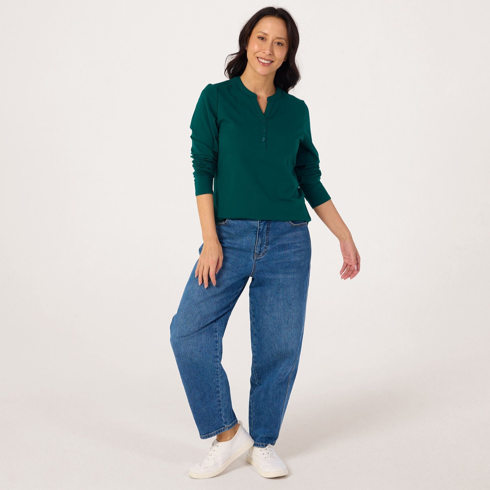 Denim & Co Essentials Y-Neck Long Sleeve Top With Buttons