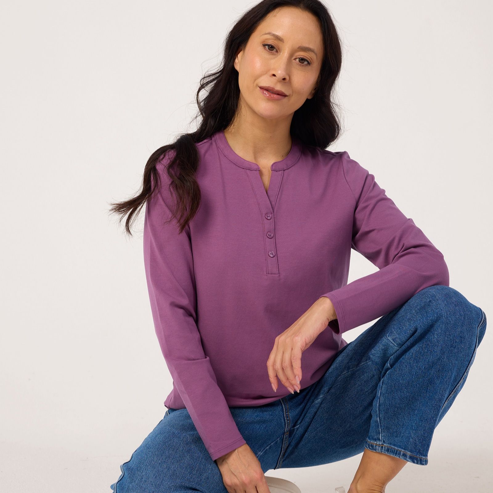 Denim & Co Essentials Y-Neck Long Sleeve Top With Buttons