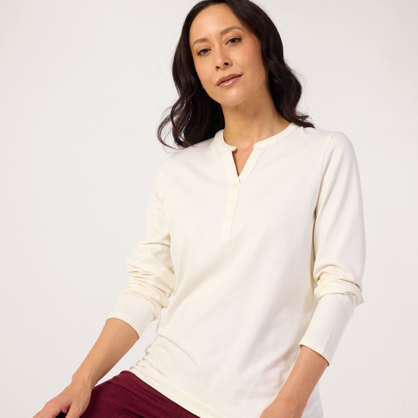 Denim & Co Essentials Y-Neck Long Sleeve Top With Buttons