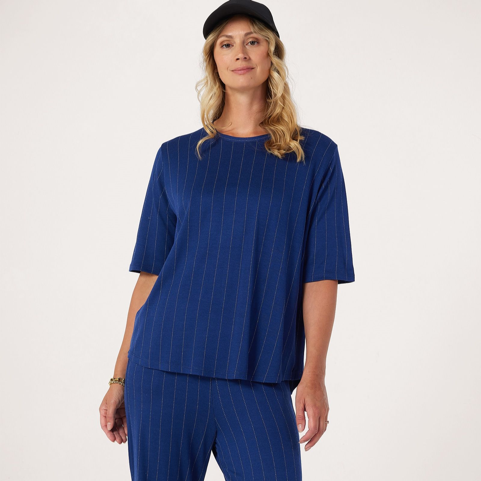 Masai Copenhagen Bibi Viscose Jersey Jacquard Navy Pinstripe Stretch Top