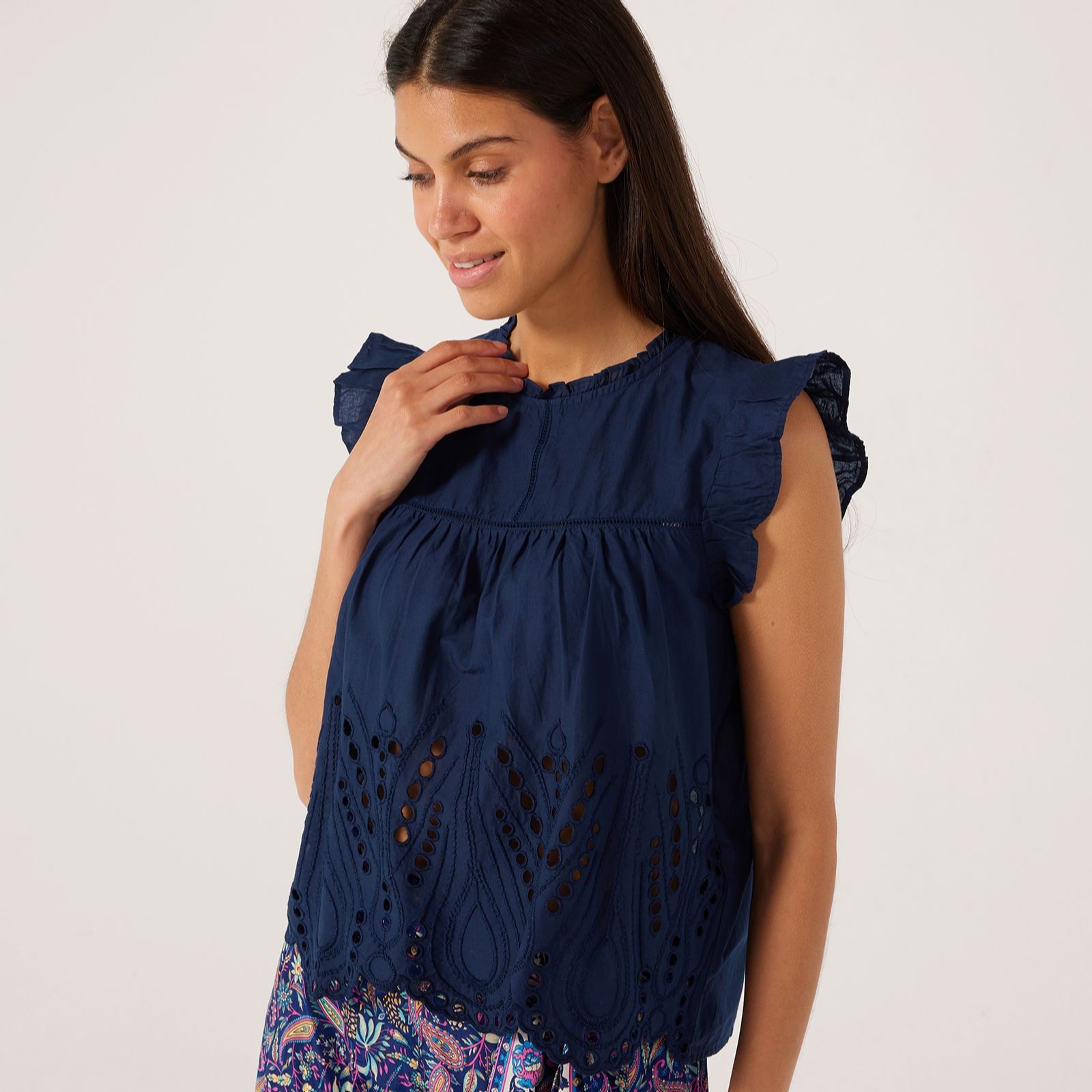 JDY Miley Broderie Detail Frill Sleeve Top