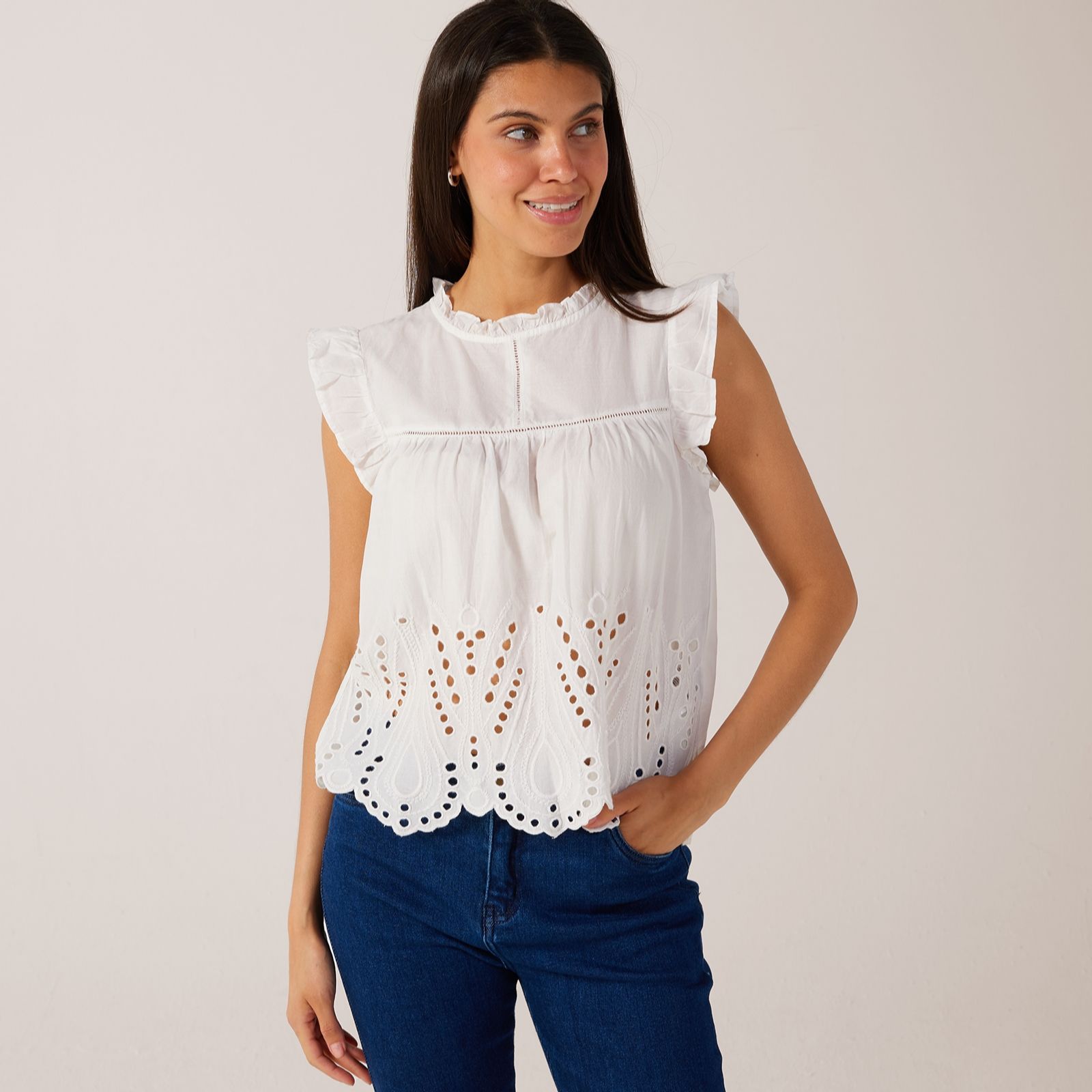 JDY Miley Broderie Detail Frill Sleeve Top