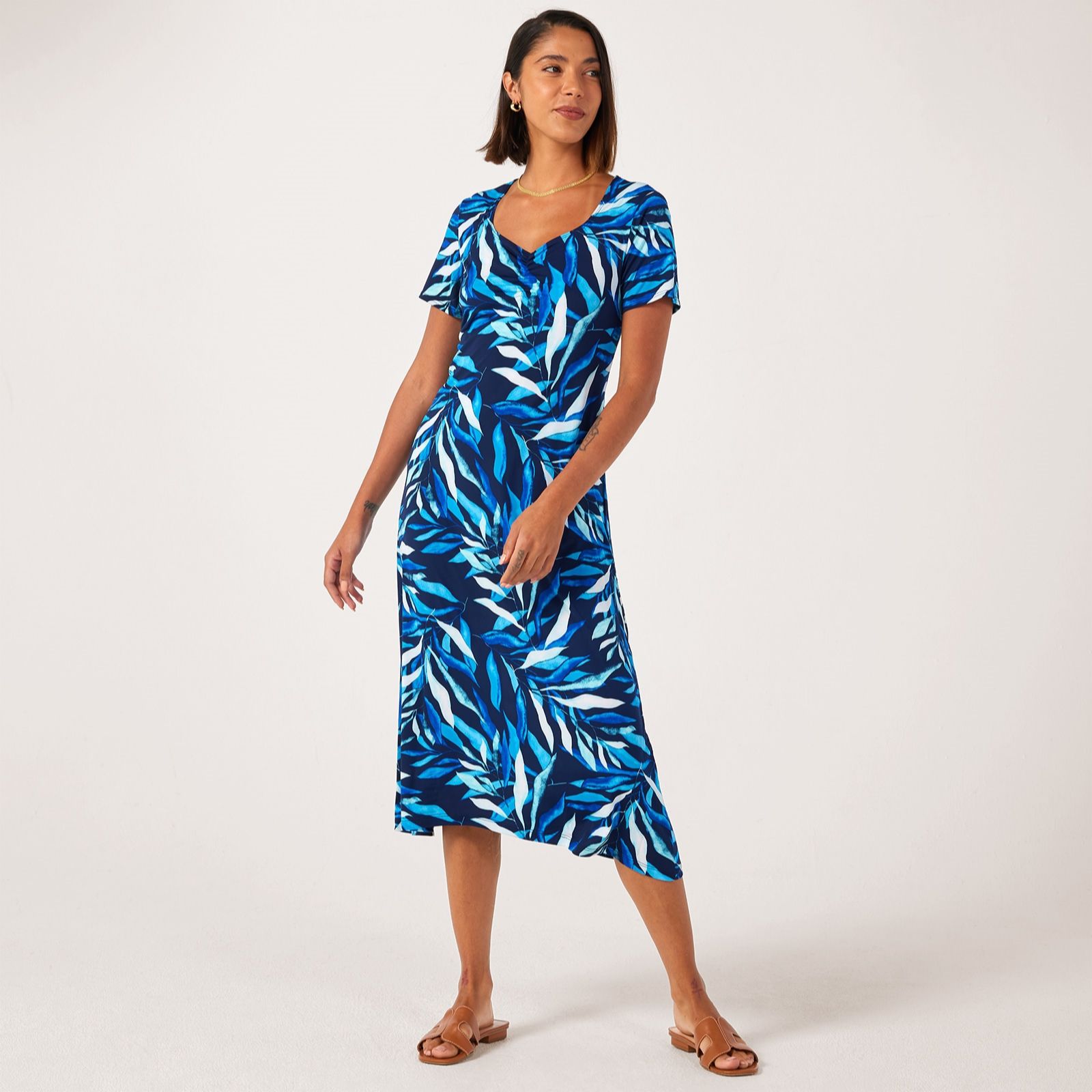 Kim & Co Printed Brazil Jersey Sweetheart Short Sleeve Curved Hem Midi Dress