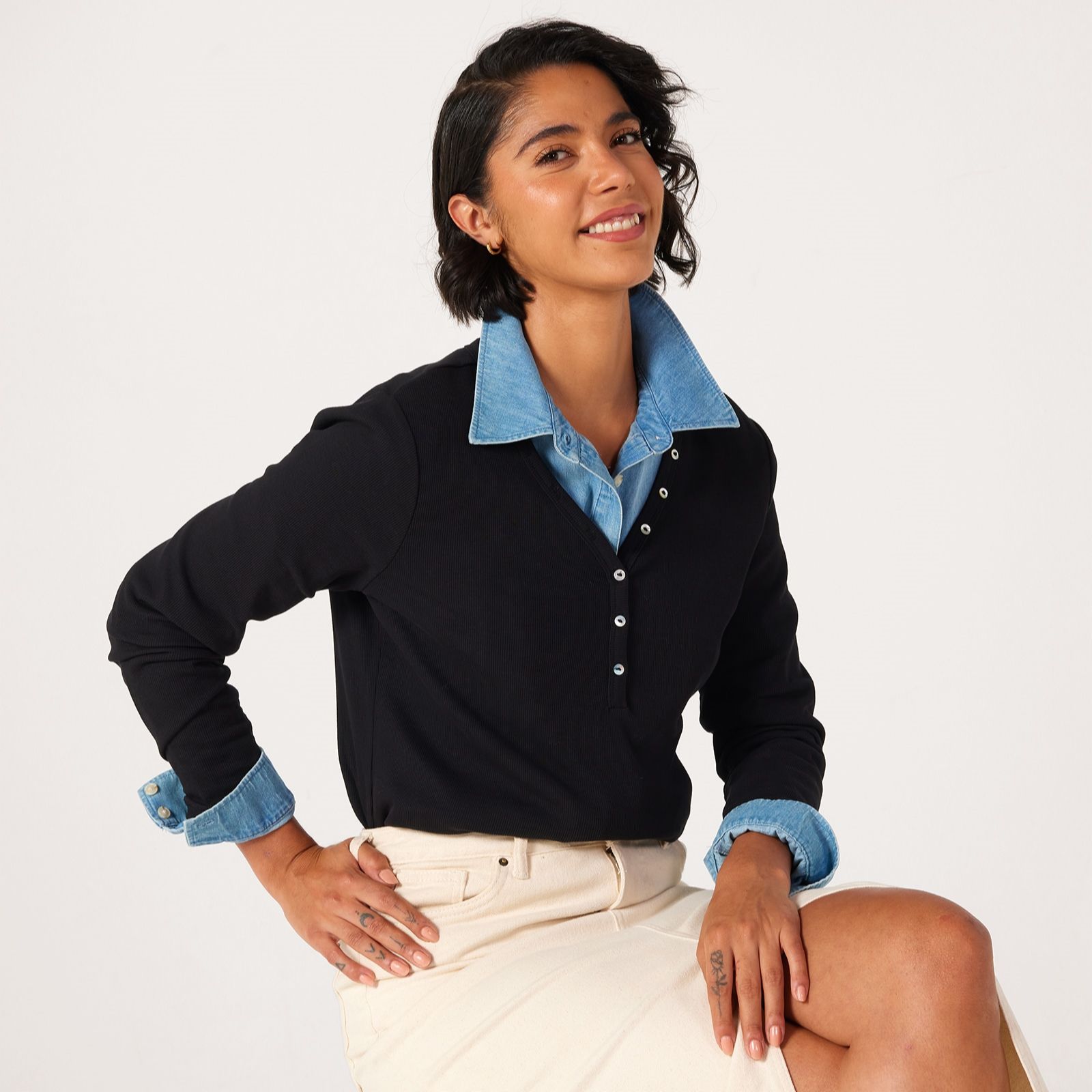 Denim & Co. Essentials Button Ribbed Top