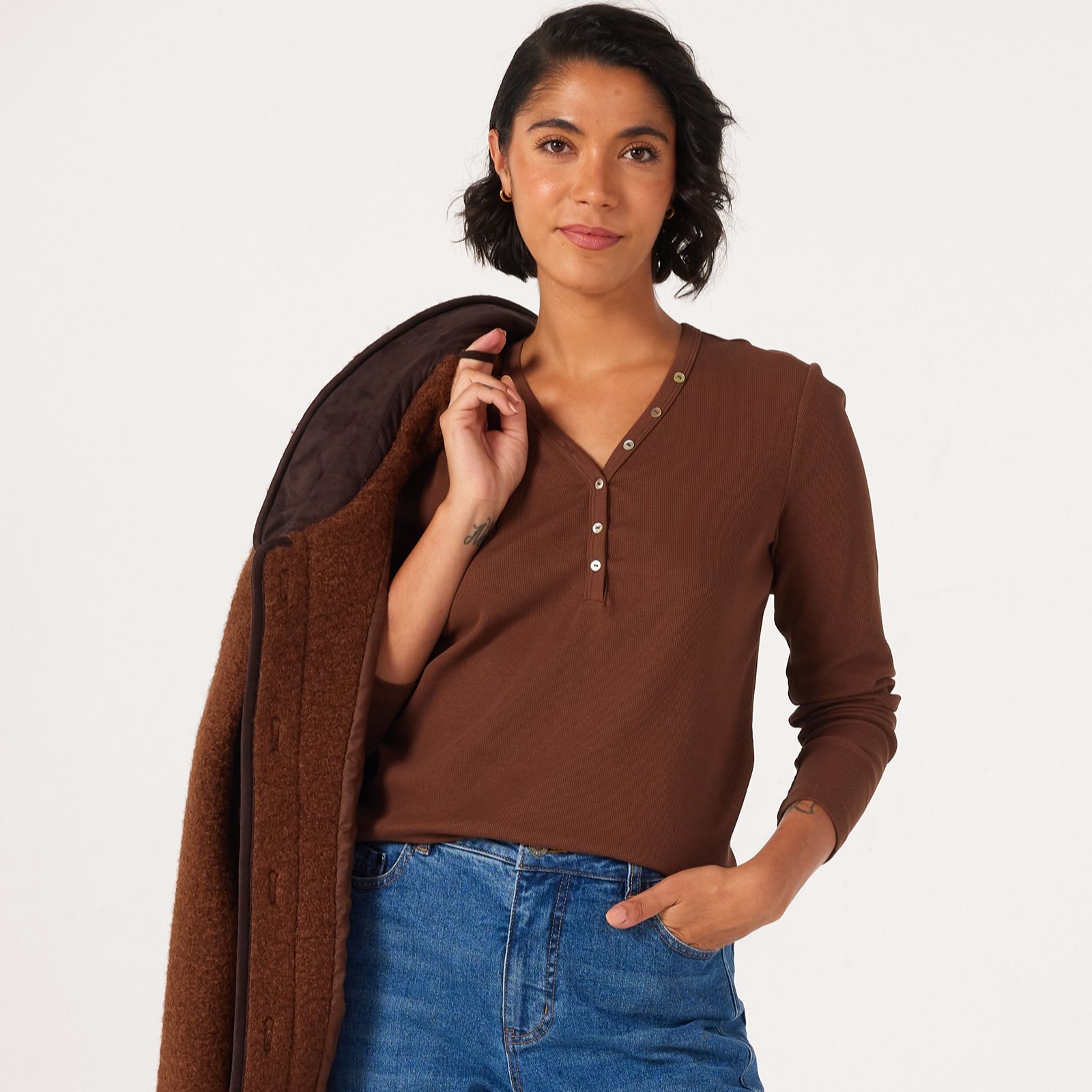 Denim & Co. Essentials Button Ribbed Top