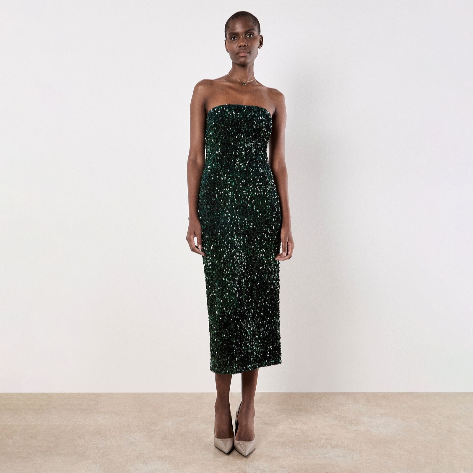 Apricot Velvet Sequin Bandeau Bodycon Midi Dress