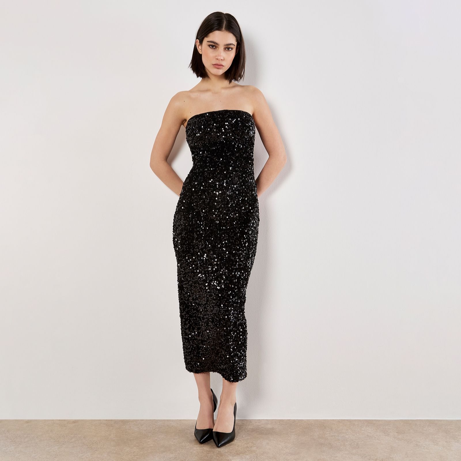 Apricot Velvet Sequin Bandeau Bodycon Midi Dress